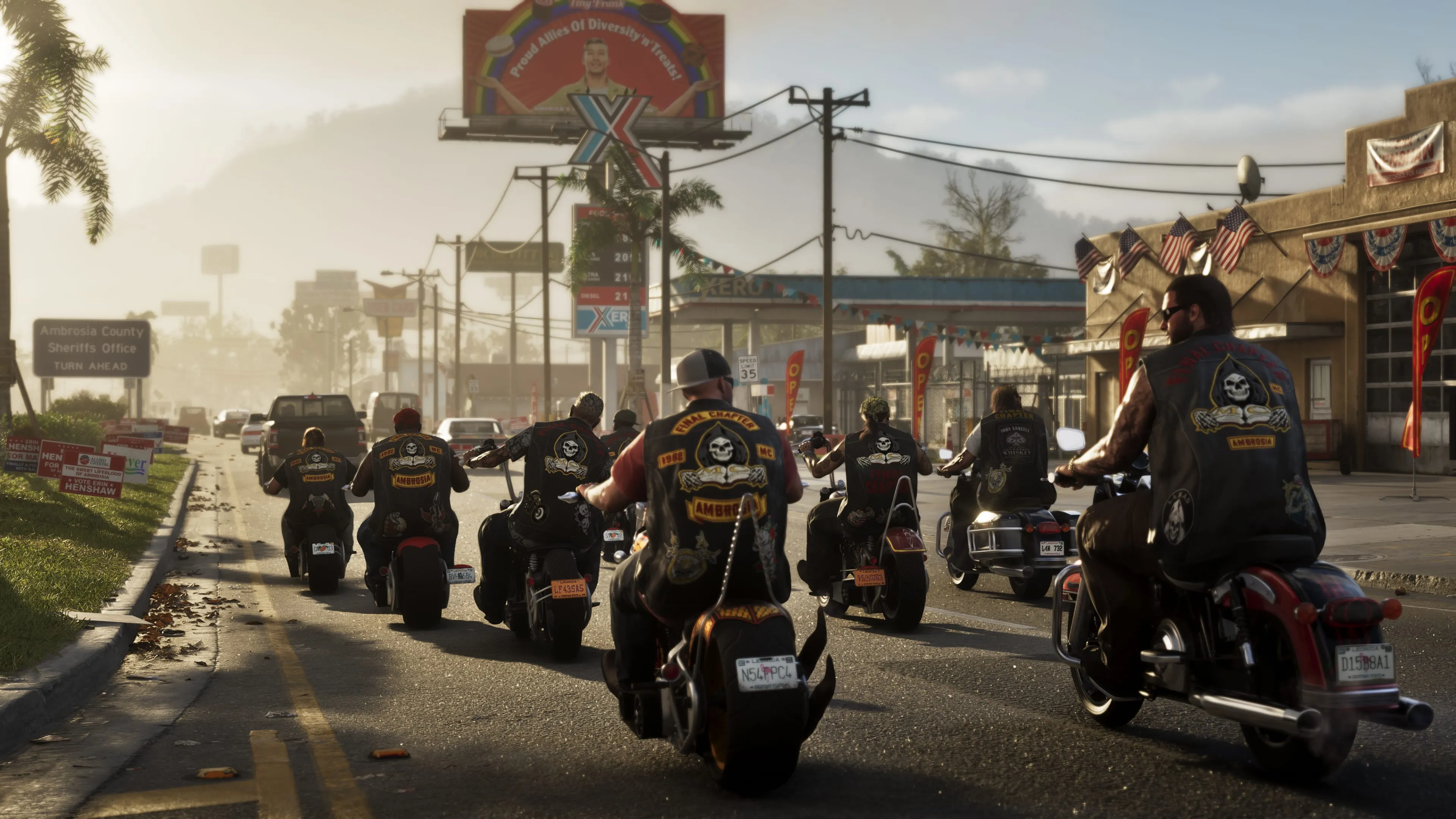 GTA 6 a biker gang riding through Ambrosia at dawn