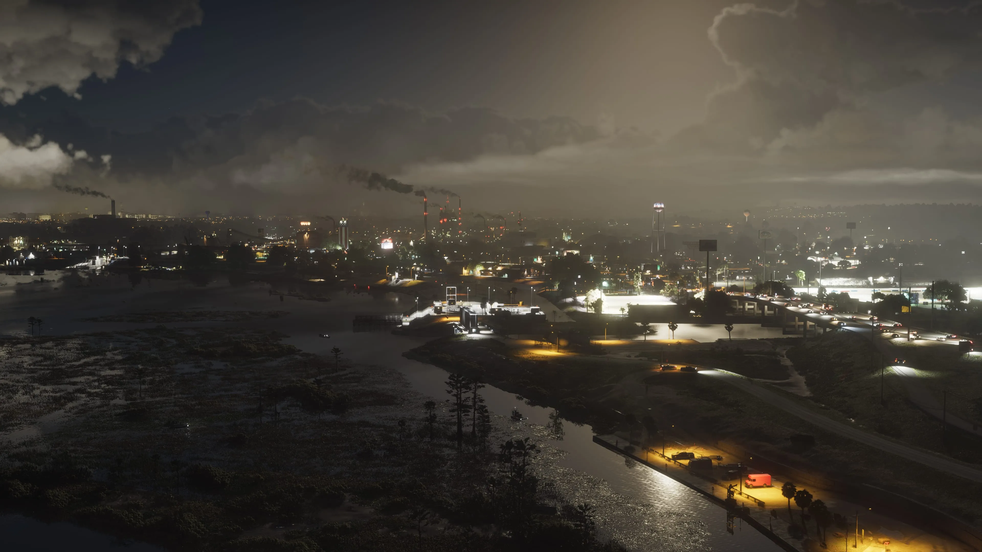 GTA 6 night view of Ambrosia's industrial waterfront