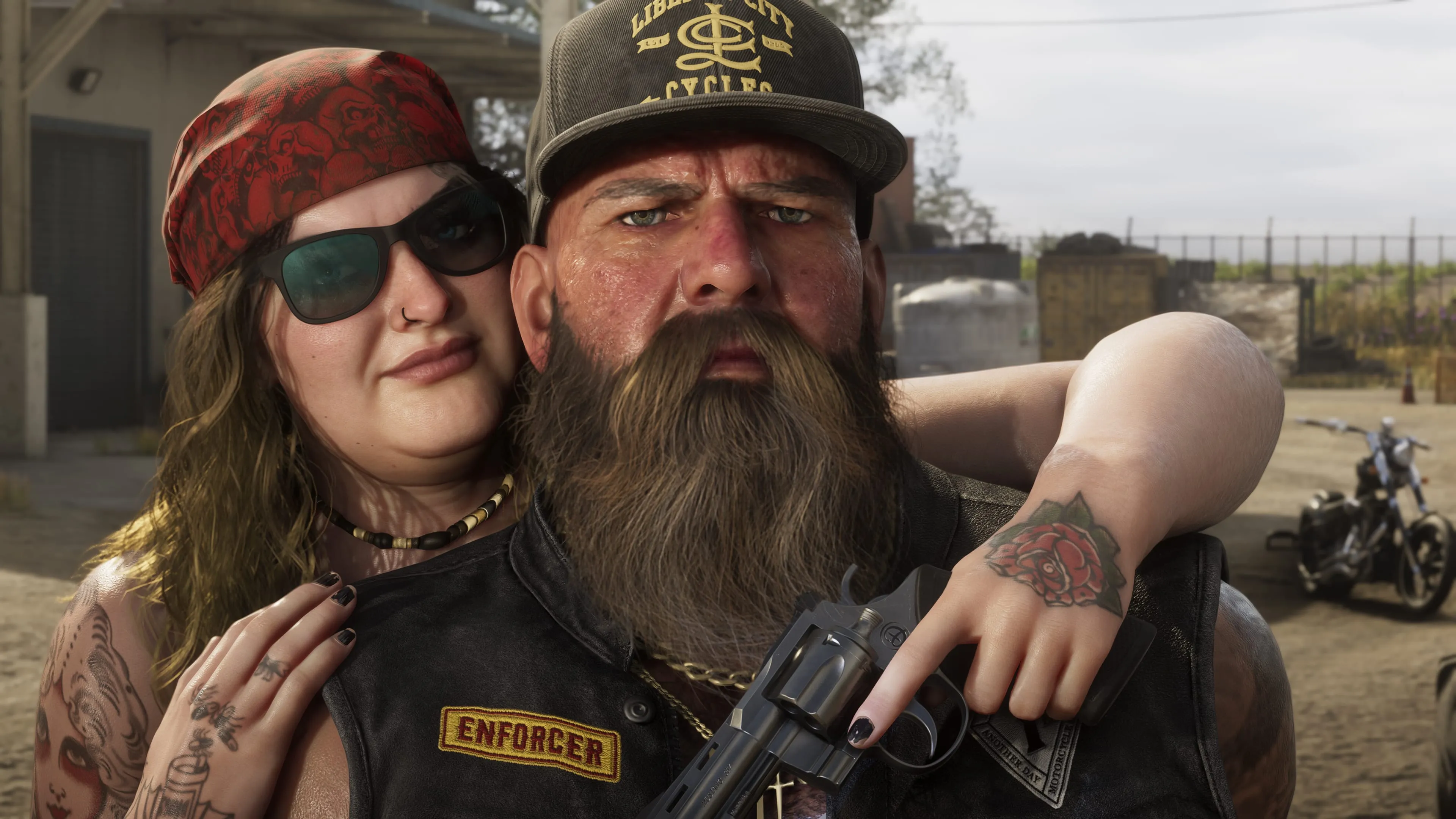 GTA 6 a biker couple outside an Ambrosia clubhouse