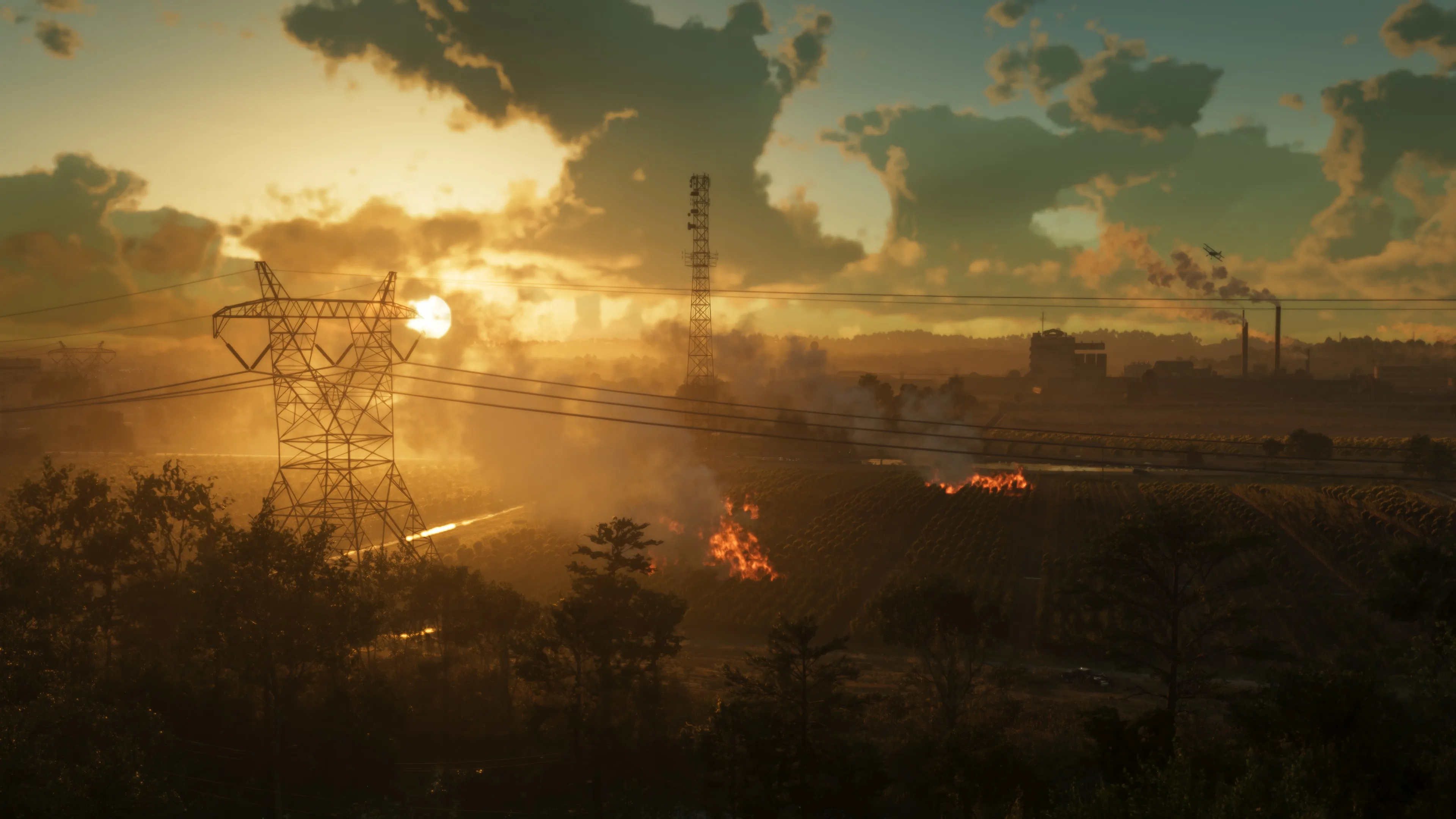 GTA 6 a sunset brush fire over Ambrosia farmland