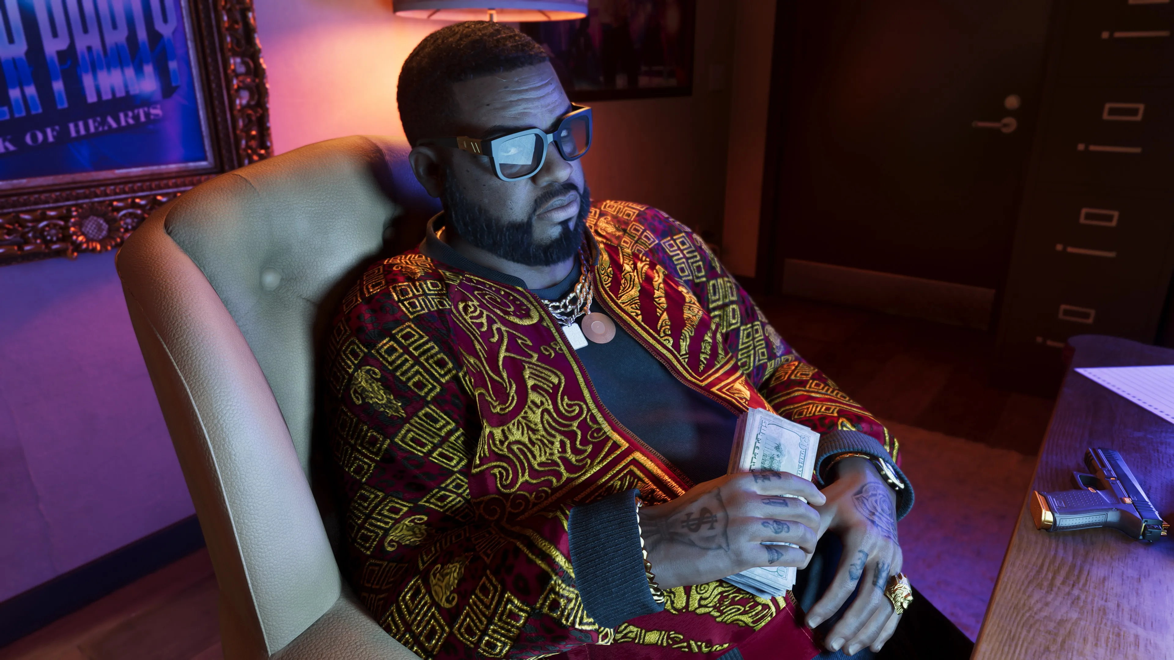 GTA 6 Boobie Ike counting cash in a dim office