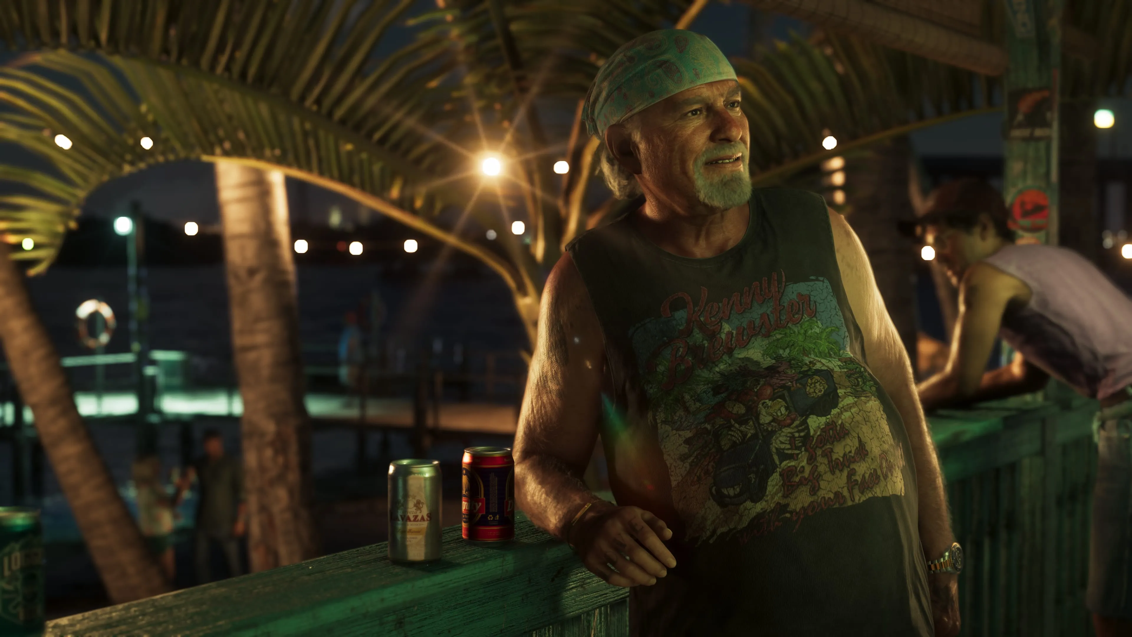 GTA 6 Brian Heder at a string-lit tiki beach bar at night