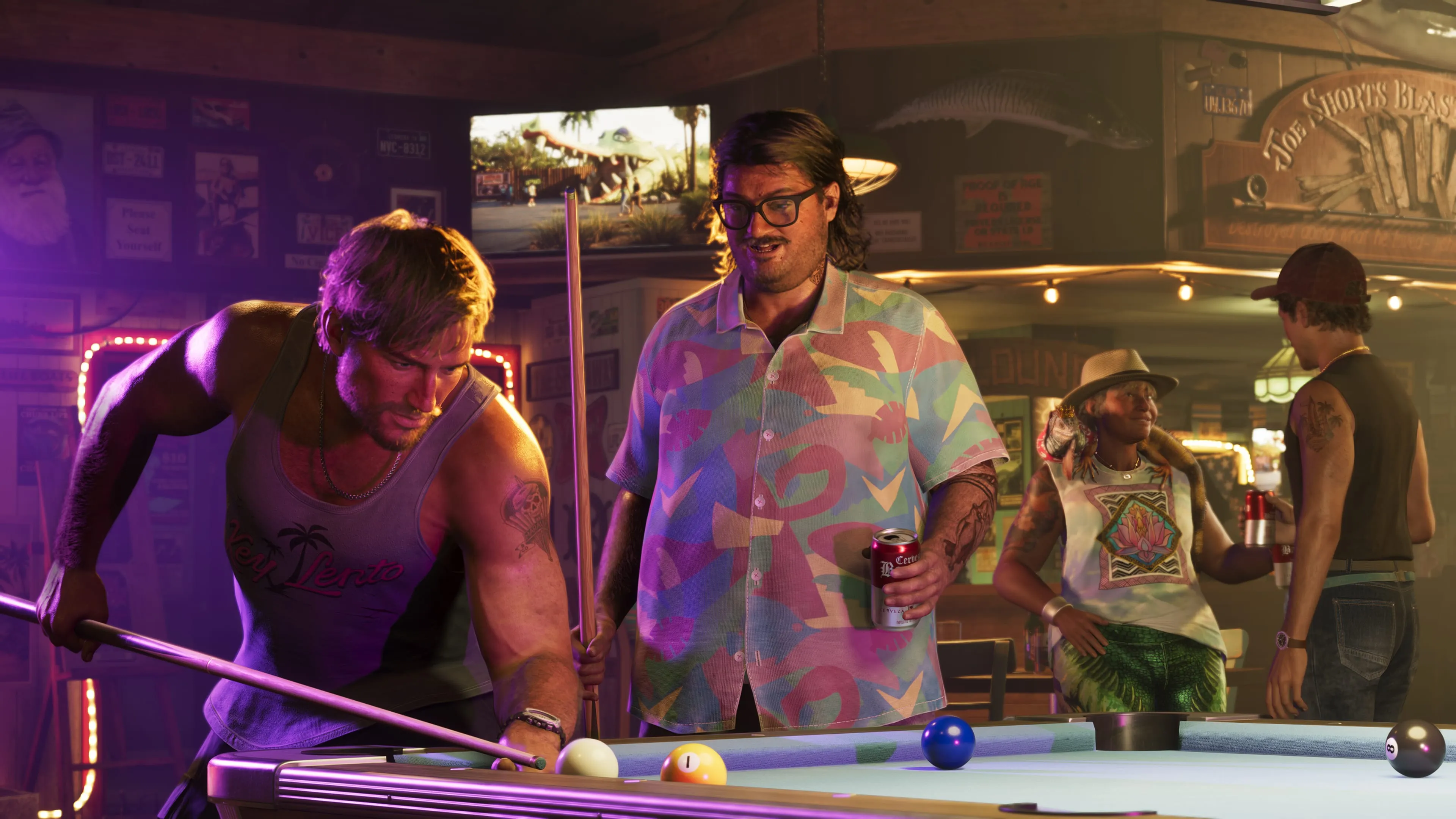 GTA 6 a game of pool in a neon dive bar