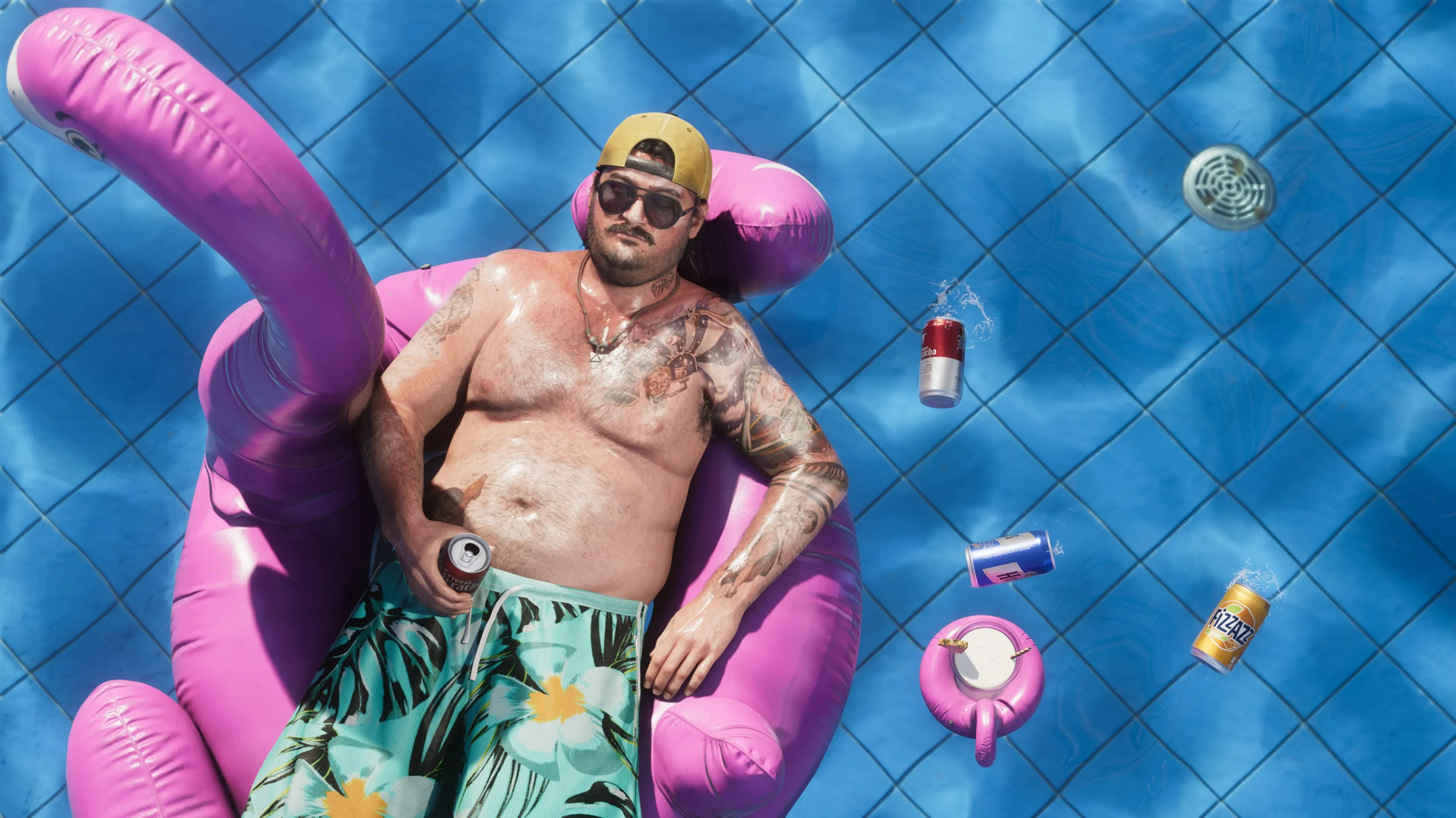 GTA 6 Cal Hampton floating on a flamingo pool float
