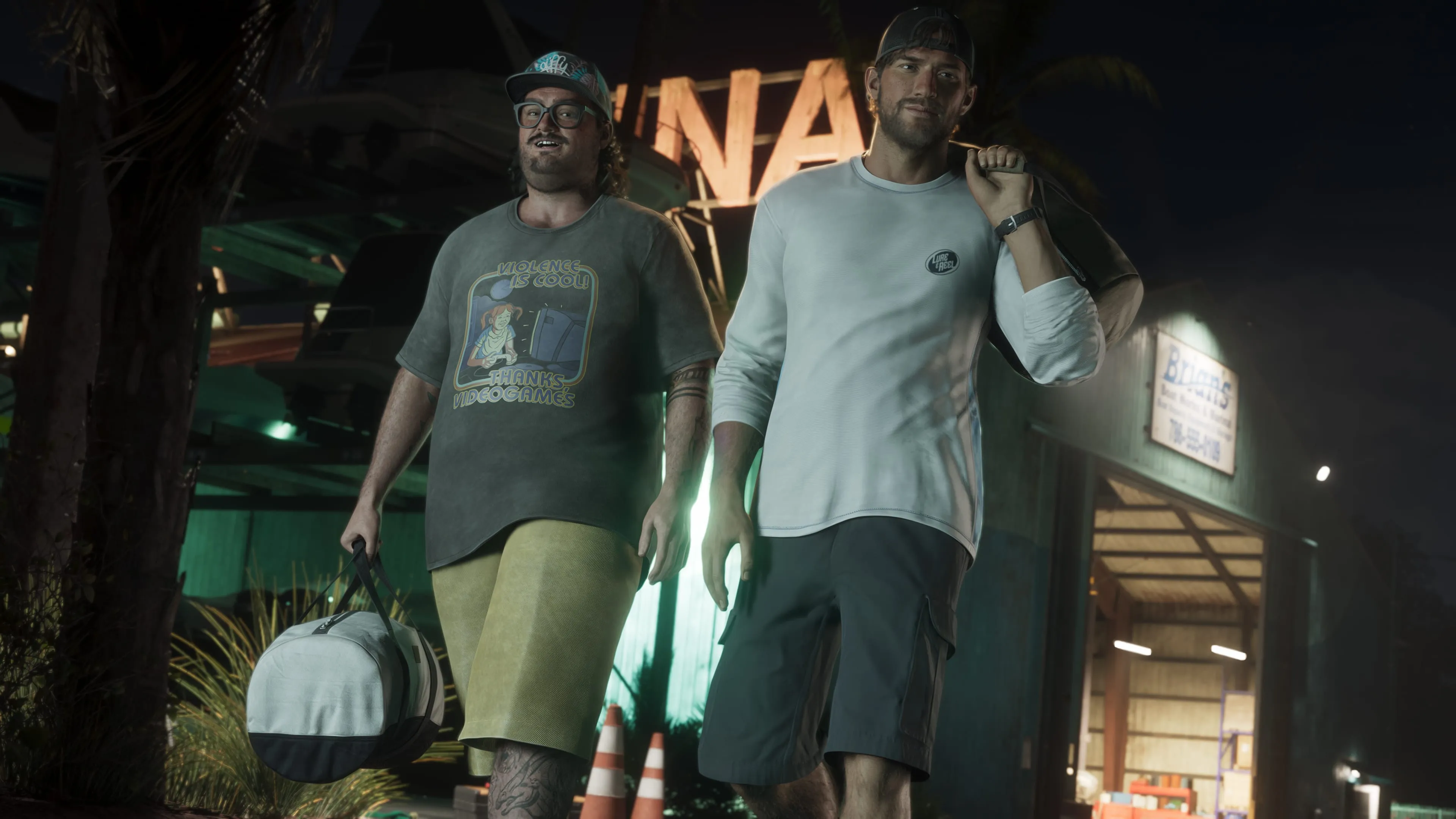 GTA 6 two men walking past a marina at night
