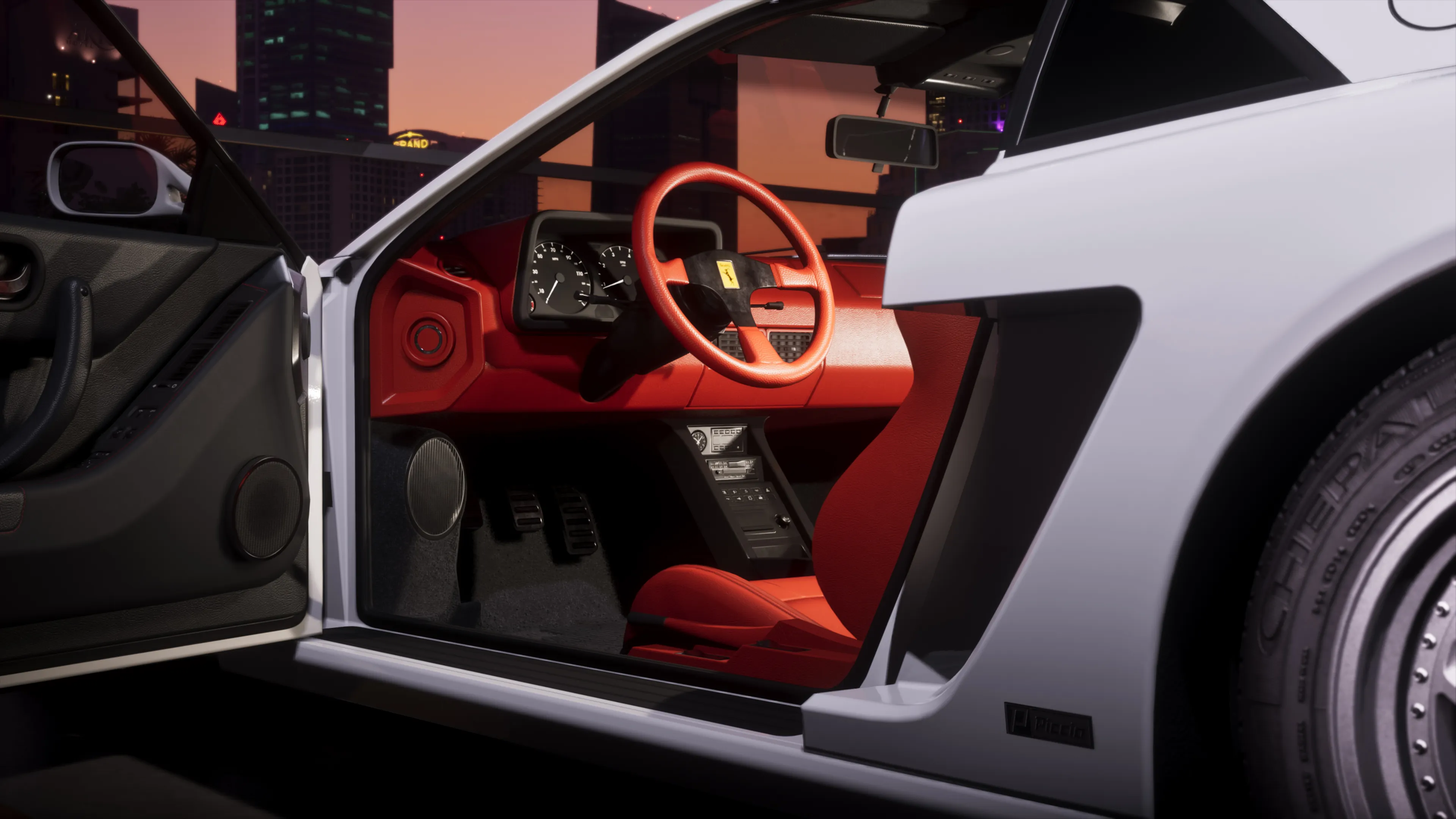 GTA 6 the Grotti Cheetah Classic's red leather interior and three-spoke wheel at dusk