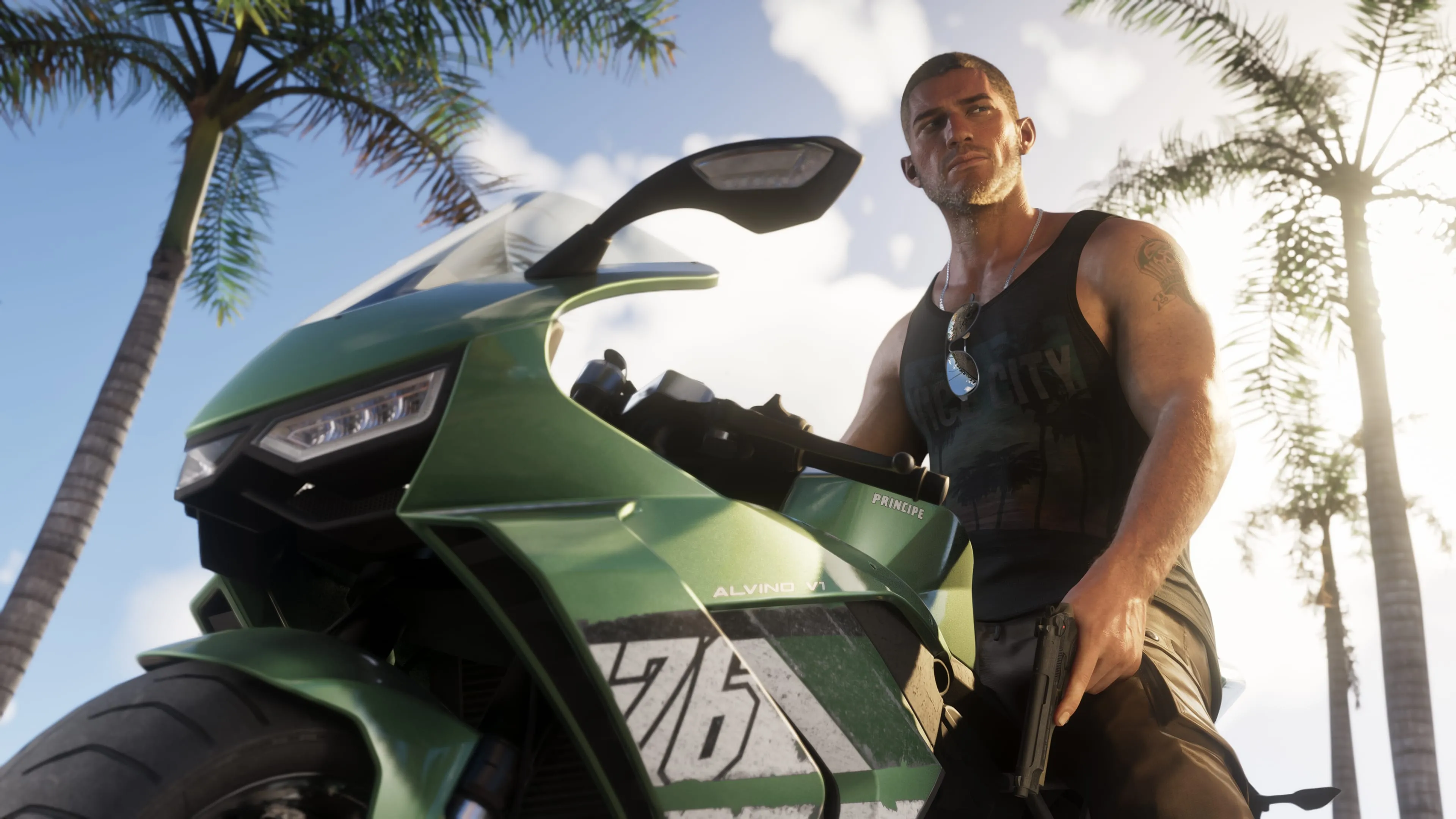 GTA 6 Jason Duval on a green Principe sport motorcycle in Vice City