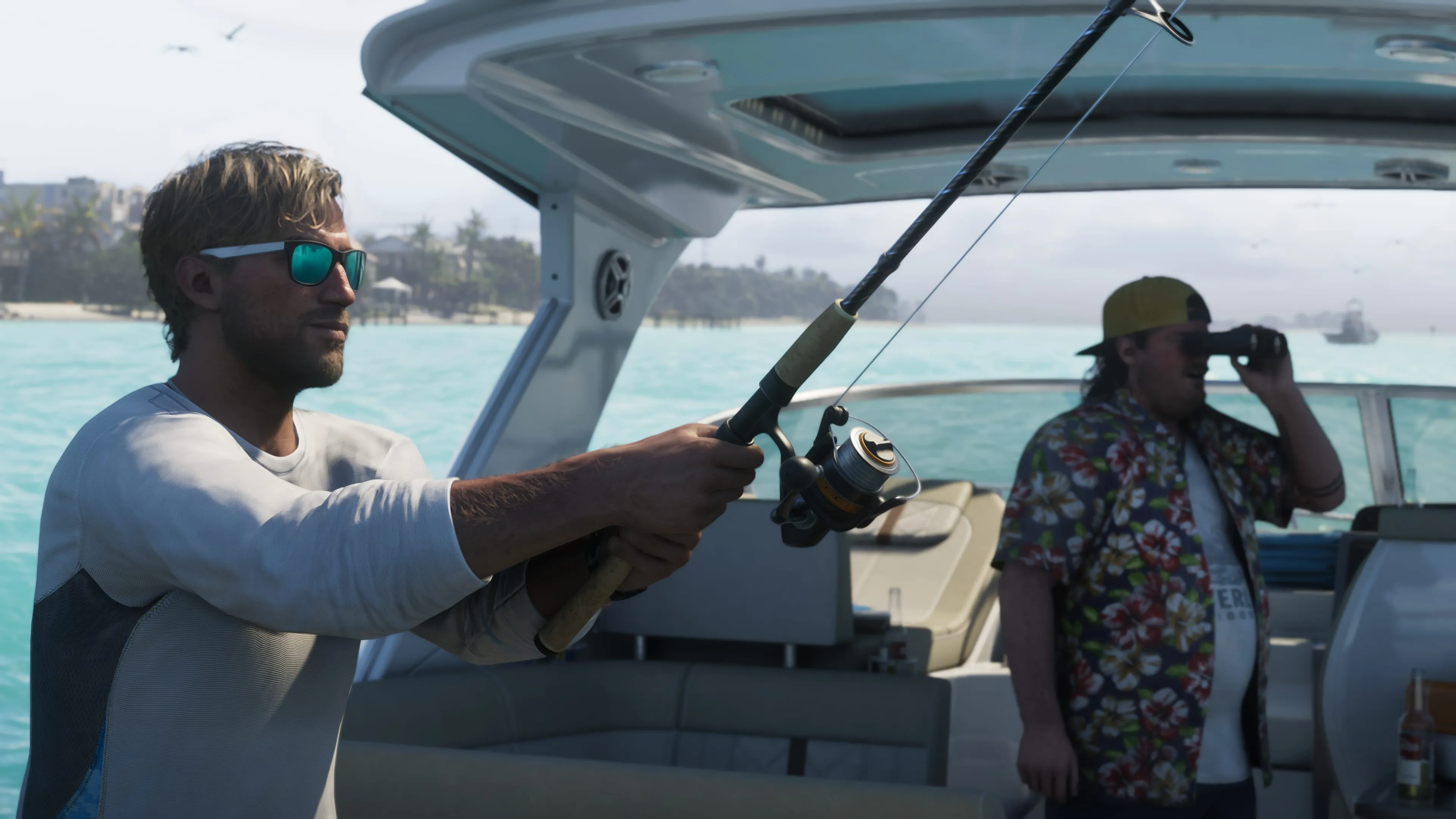 GTA 6 fishing trip — casting a rod from a boat off Vice City