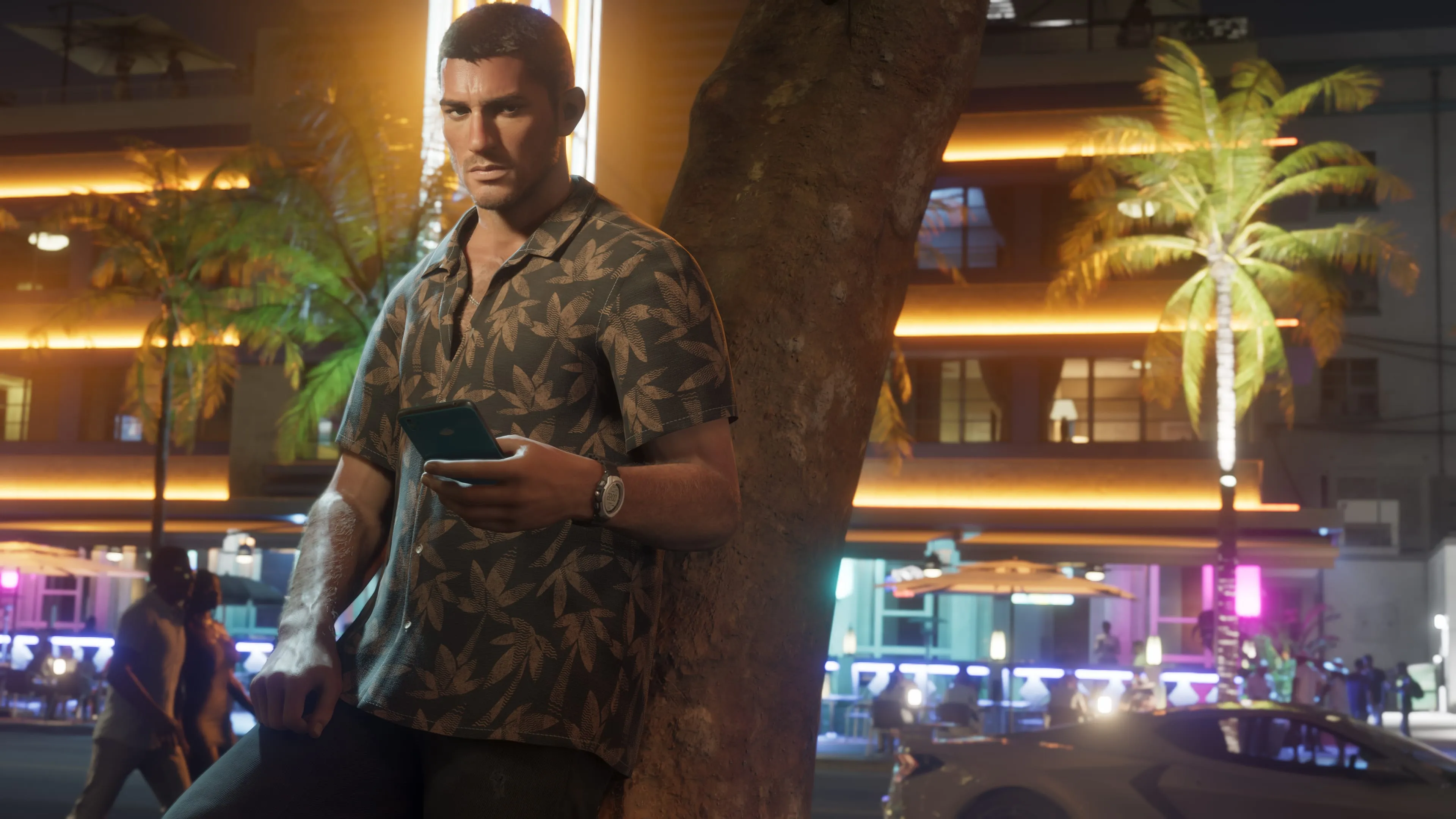 GTA 6 Jason Duval leaning on a palm tree on a neon Vice City street at night