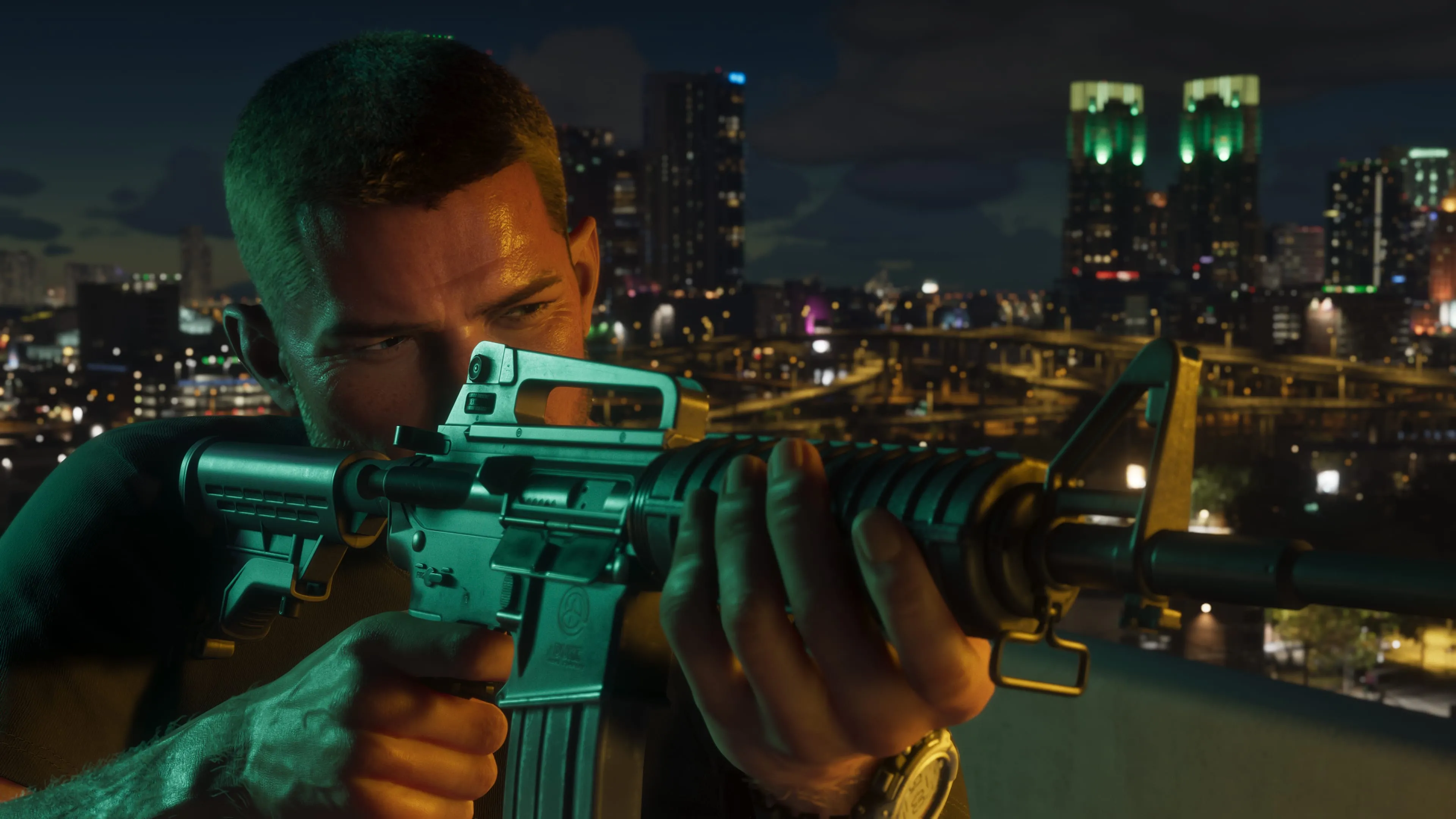 GTA 6 Jason Duval aiming an assault rifle over the night skyline