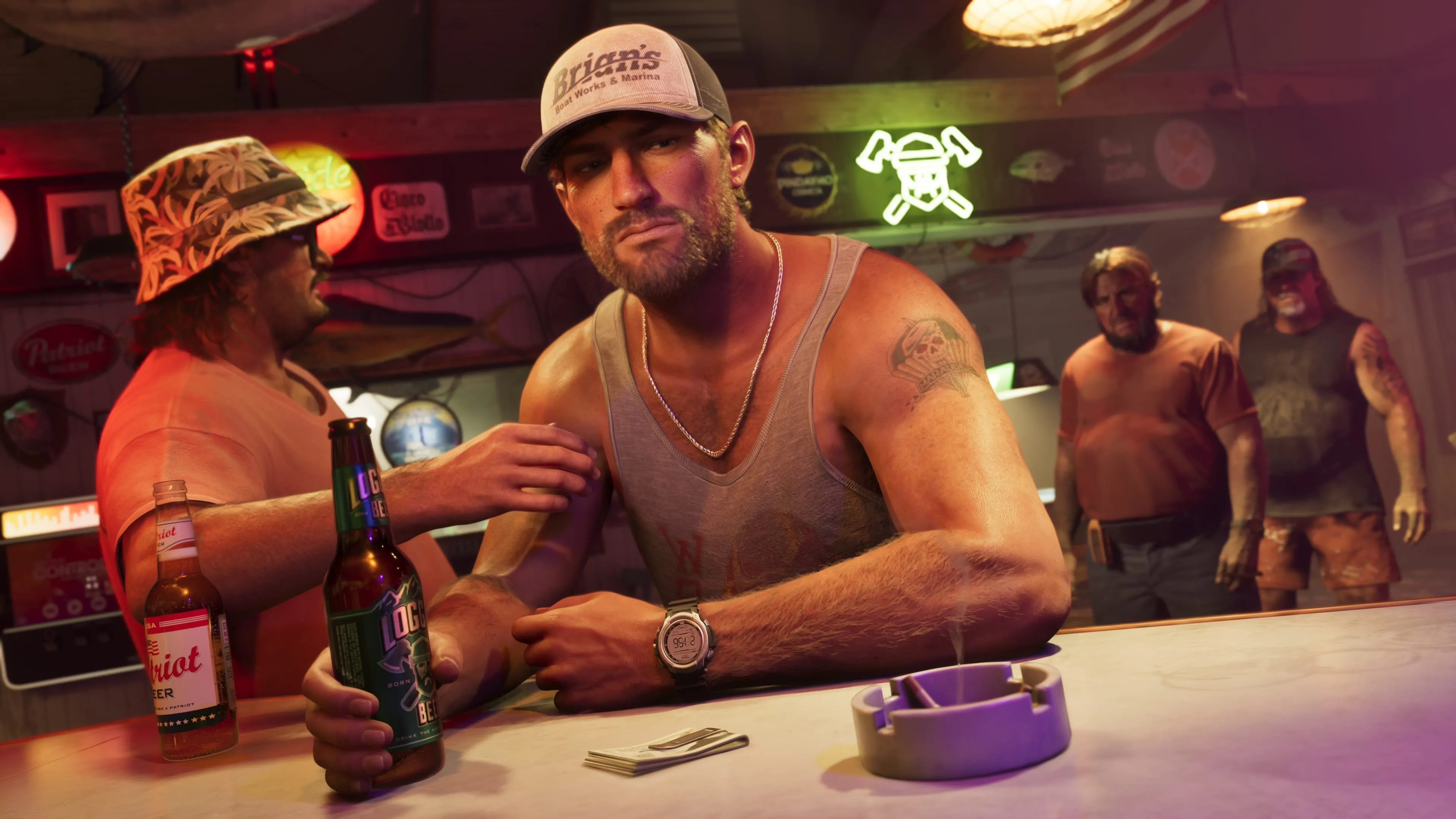 GTA 6 locals drinking at a marina dive bar in Leonida
