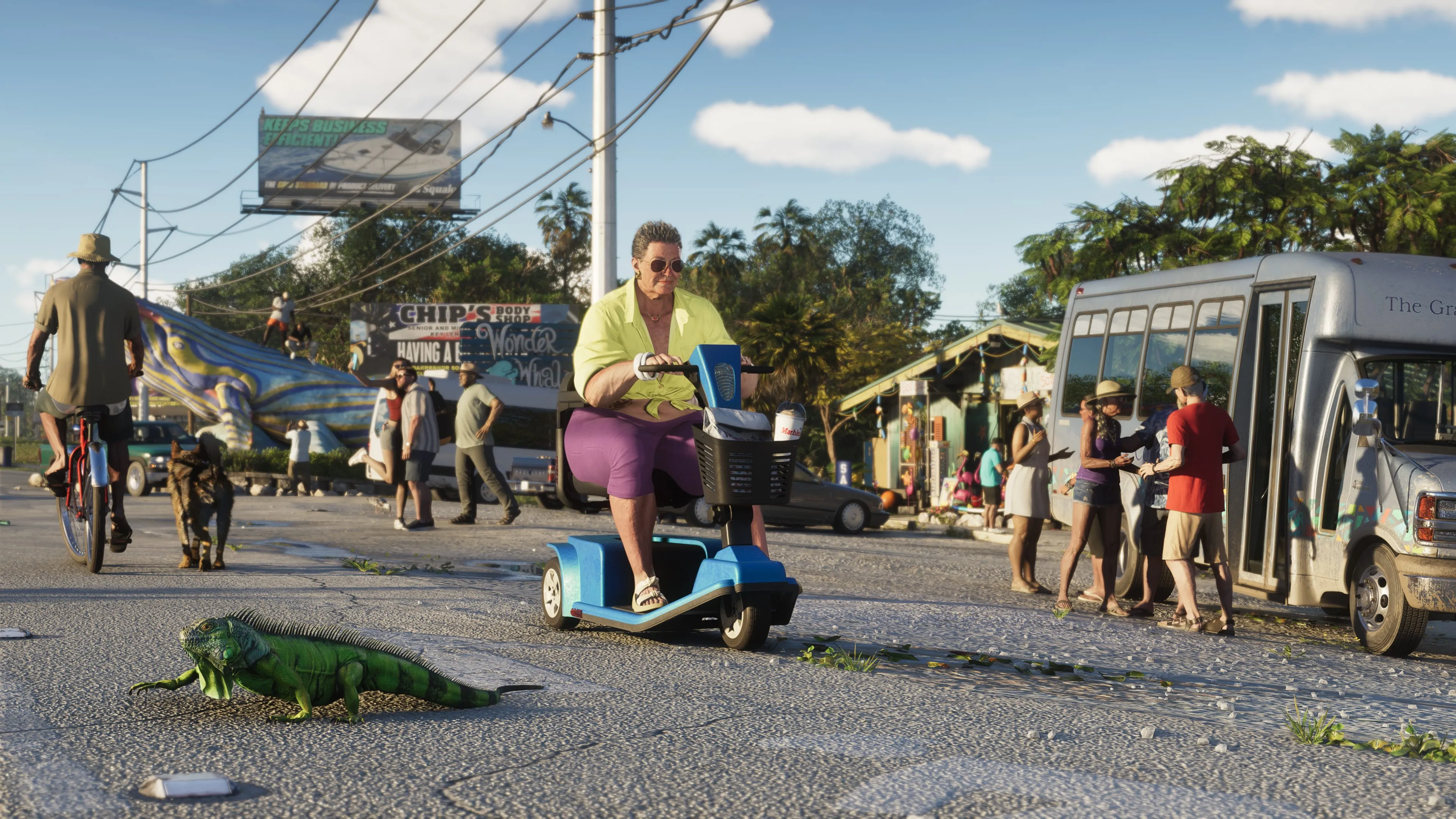 GTA 6 a sunny street in the Leonida Keys with an iguana