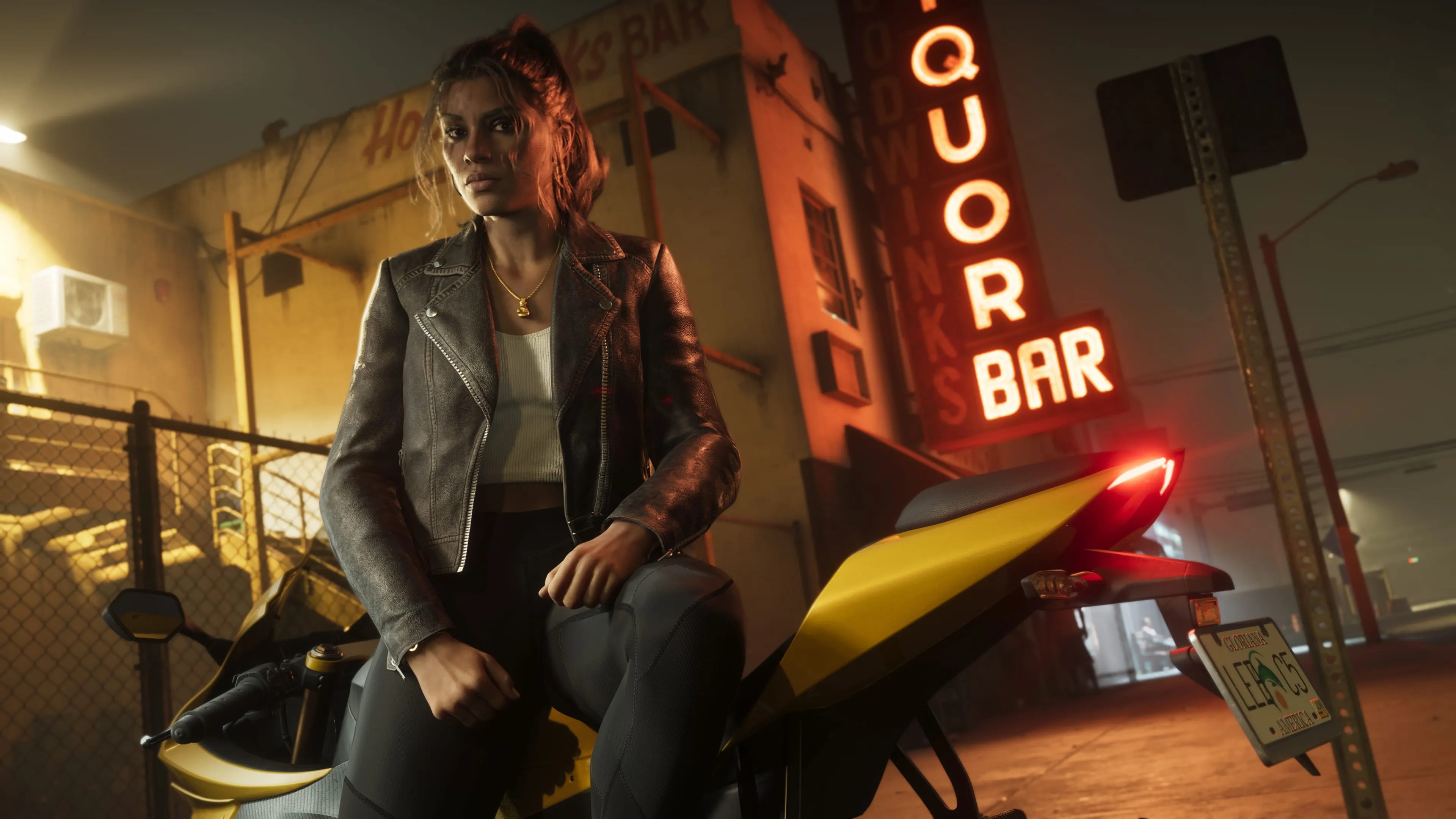 GTA 6 Lucia Caminos on a sportbike outside a neon liquor bar at night