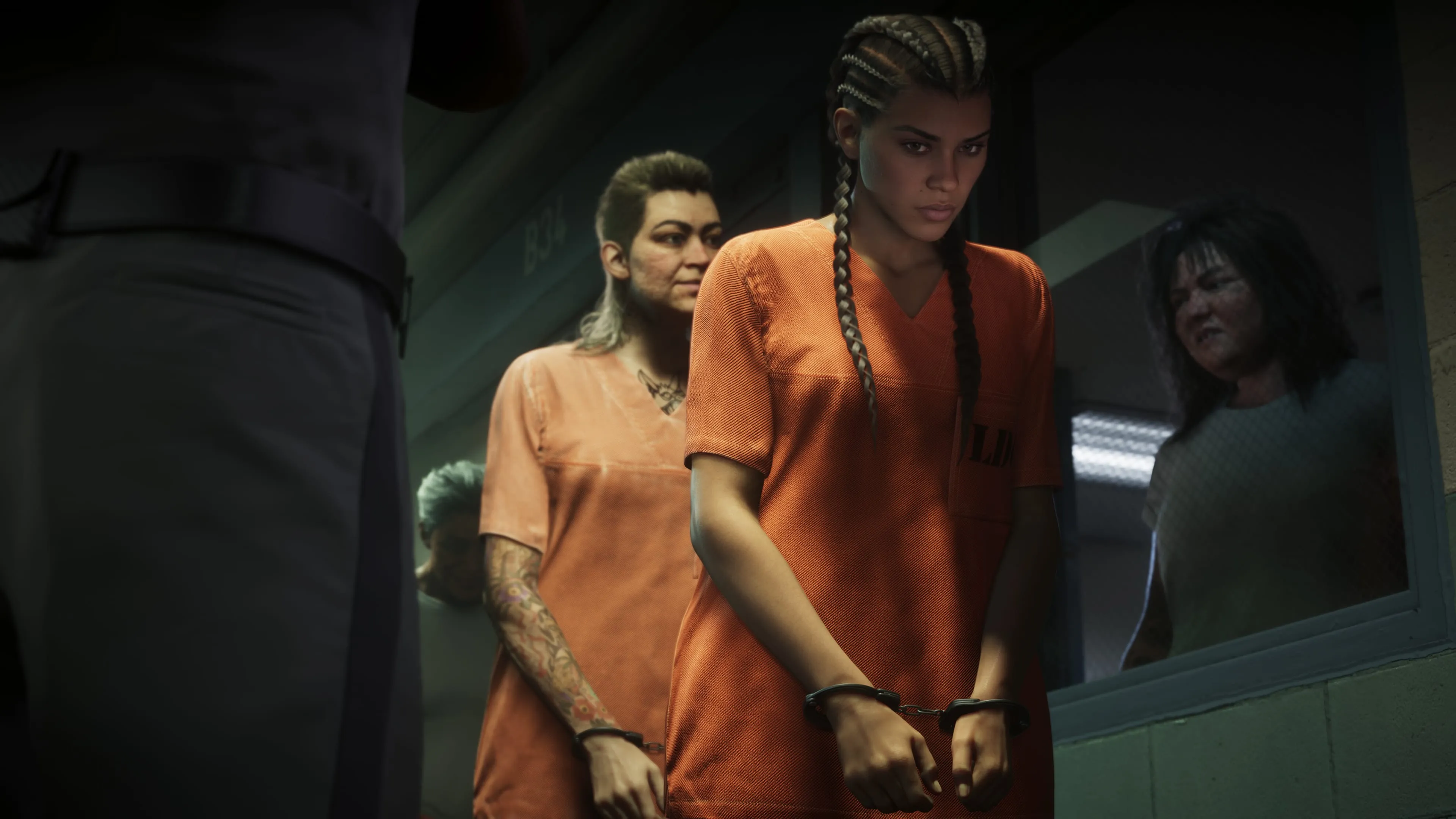 GTA 6 Lucia Caminos handcuffed in an orange jumpsuit inside a jail