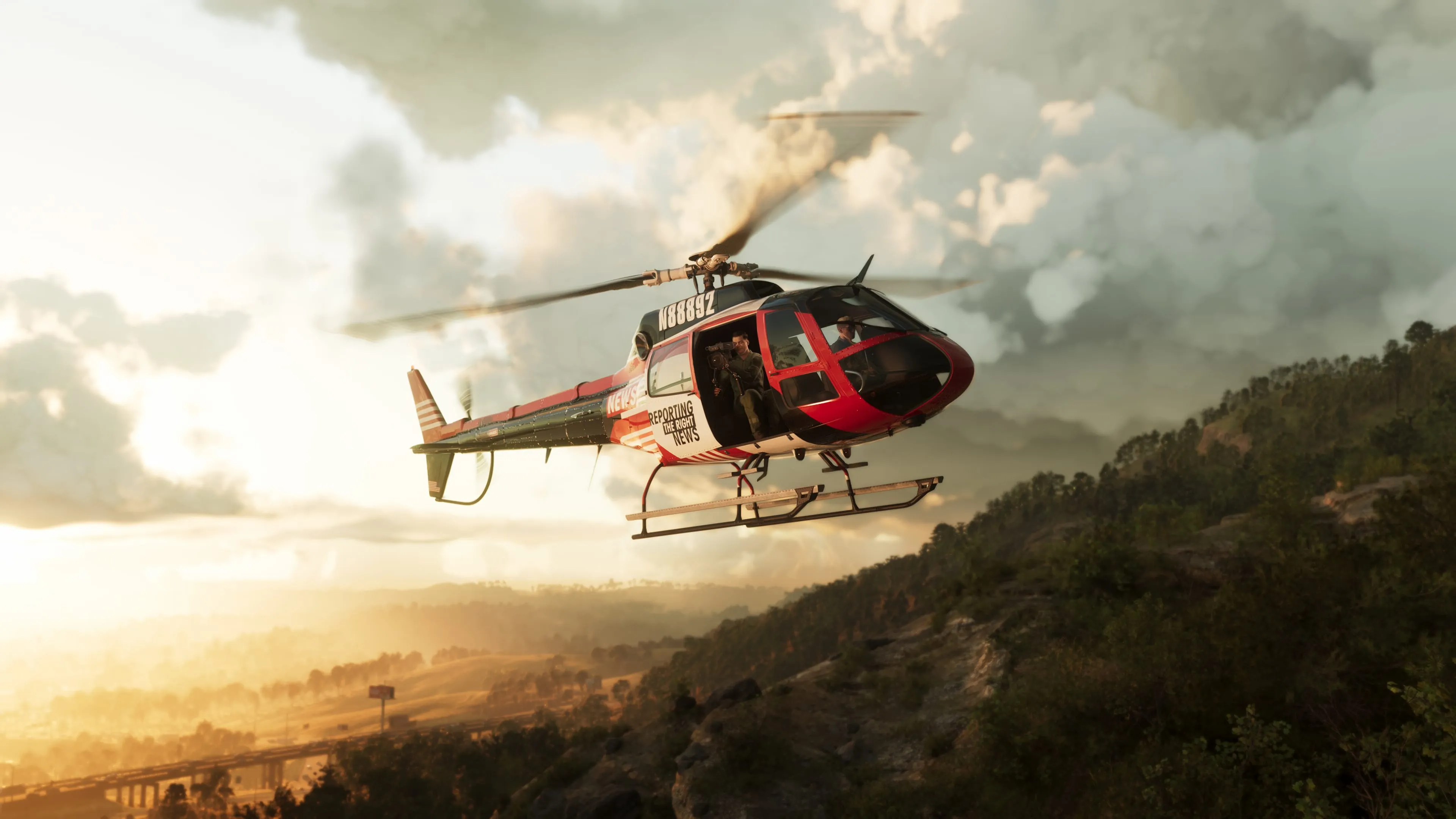 GTA 6 a news helicopter over Mount Kalaga at golden hour