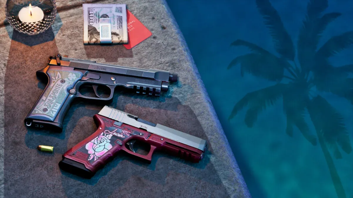 GTA 6 Ultimate Edition personalized engraved pistols for Jason and Lucia