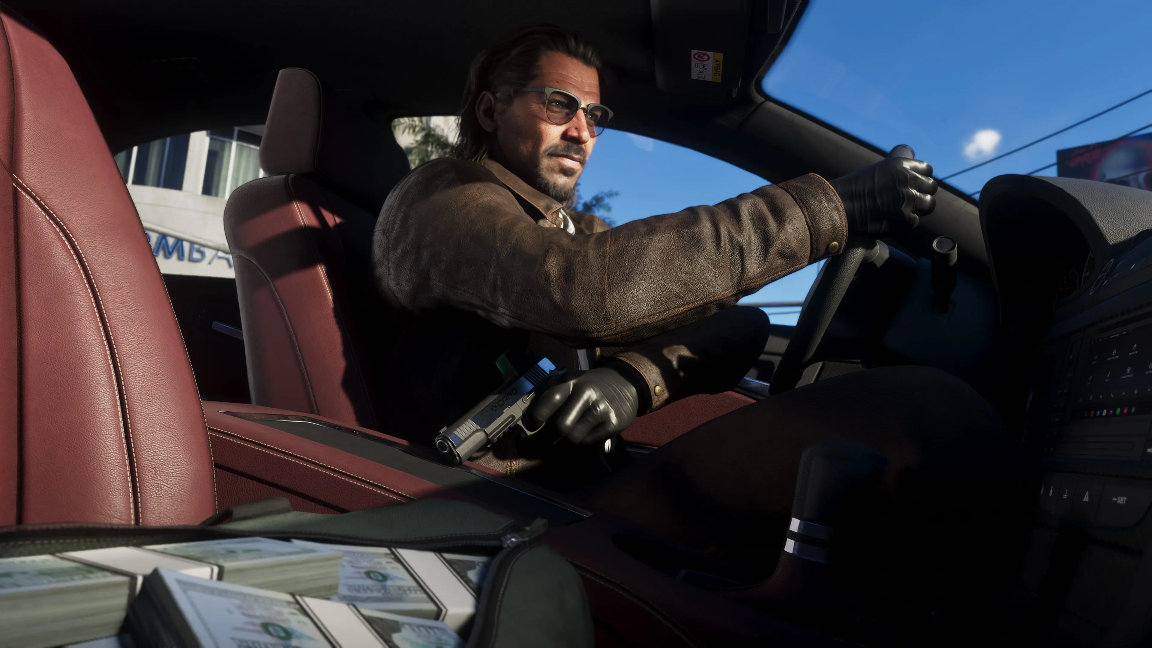 GTA 6 Raul Bautista driving with cash and a pistol on the seat