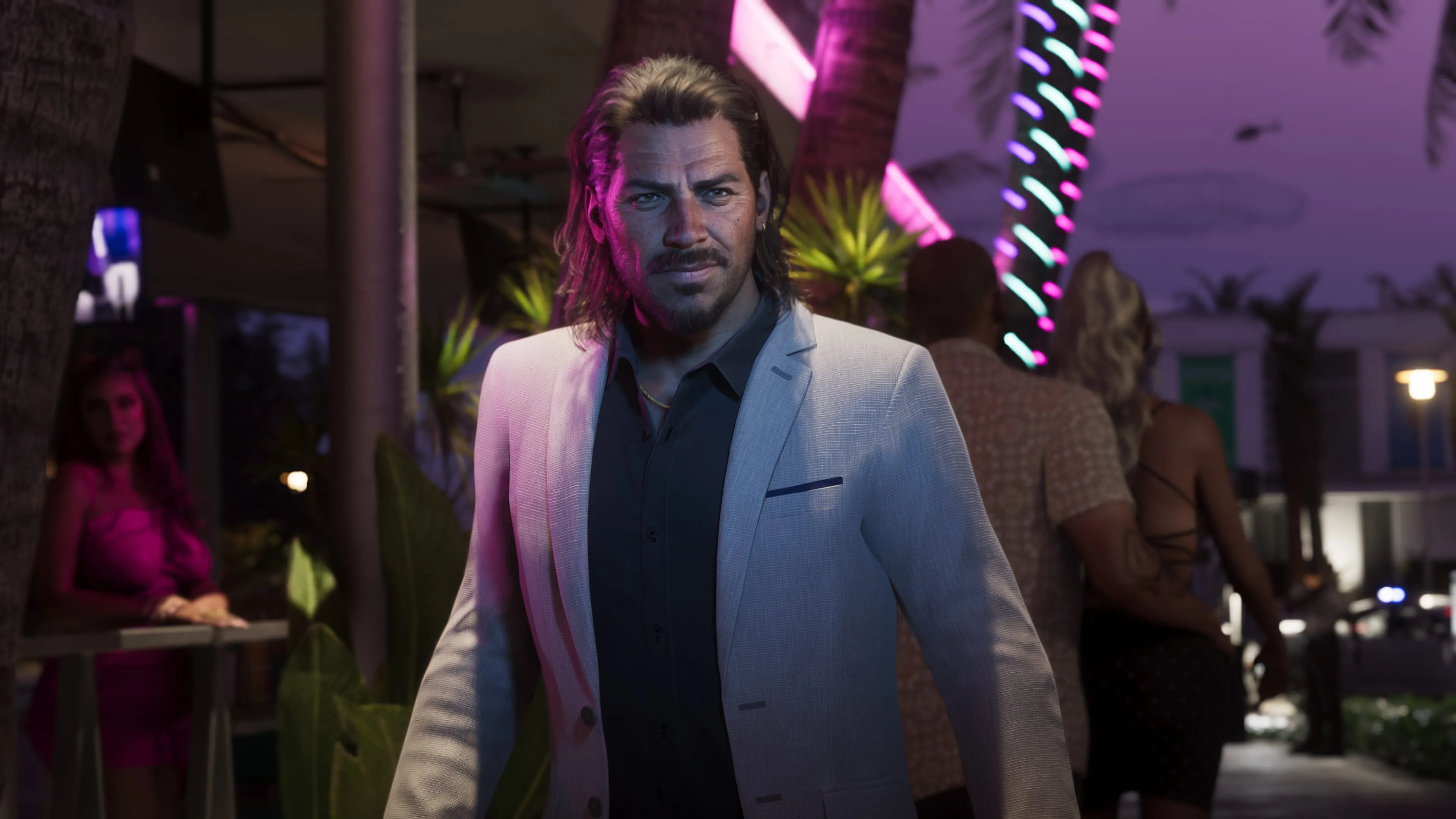 GTA 6 Raul Bautista on a neon nightlife street