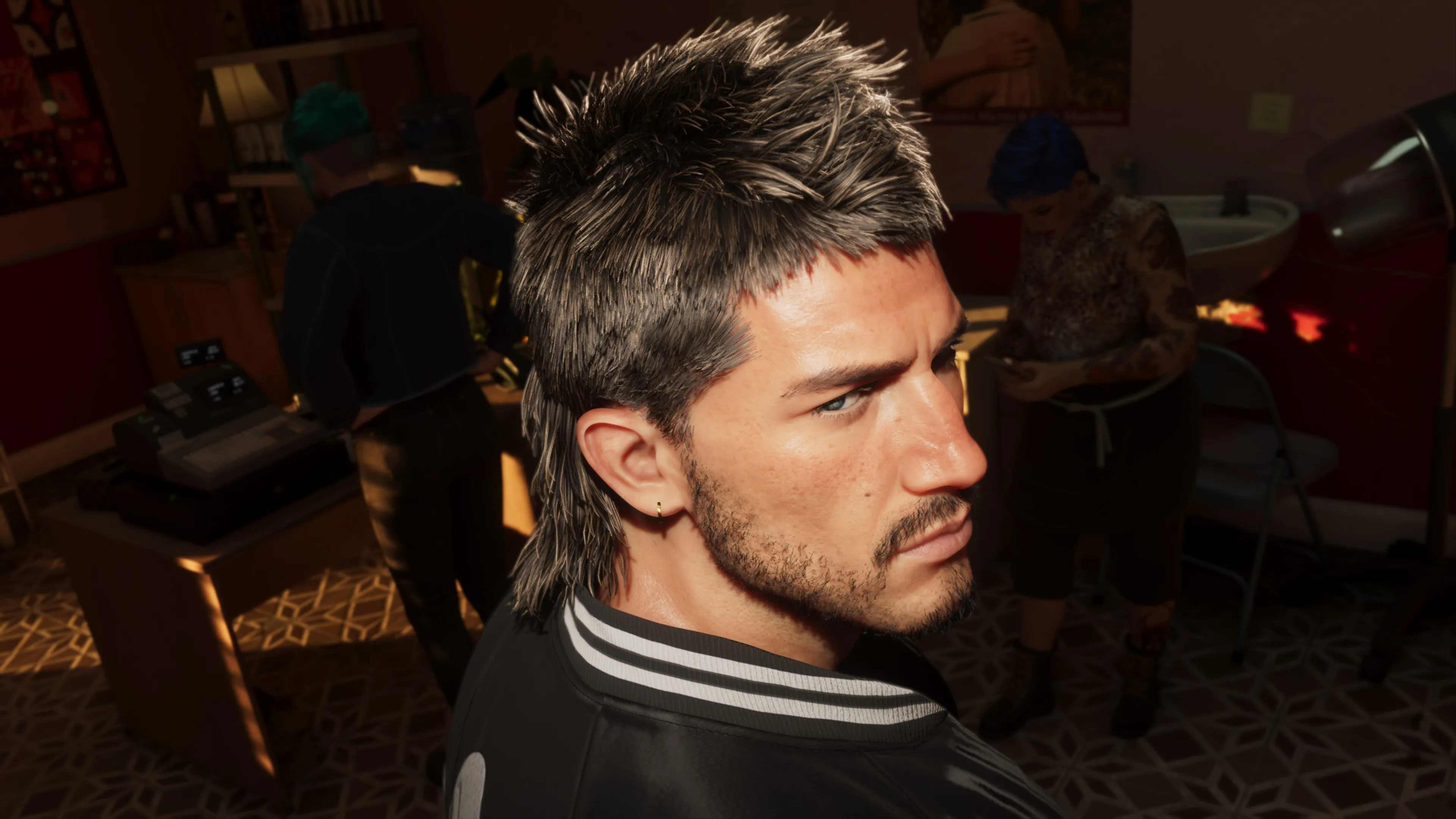 GTA 6 a profile of Jason with a new spiky mullet haircut inside the salon