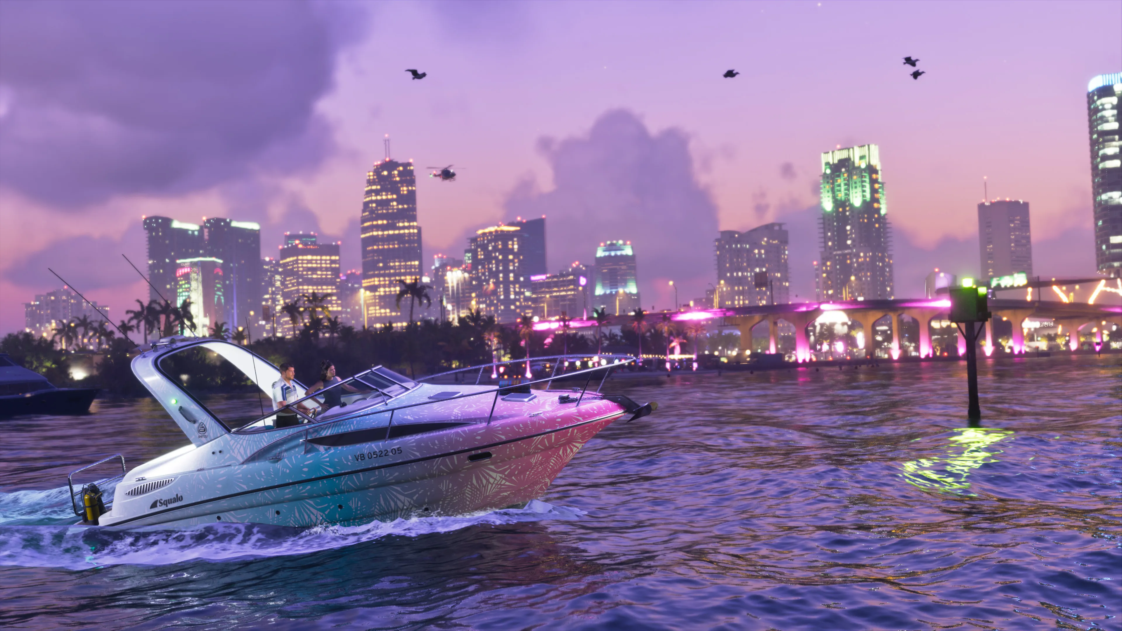 GTA 6 white Shitzu Squalo speedboat cruising the bay with the Vice City skyline at dusk