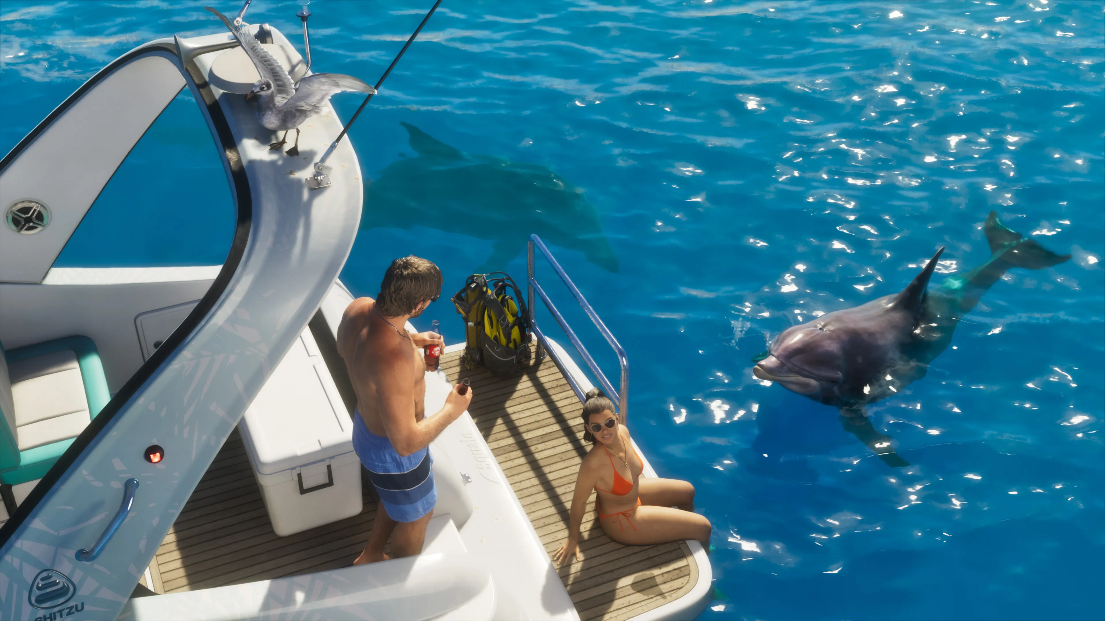 GTA 6 people relaxing on the Shitzu Squalo swim platform beside a dolphin in clear water