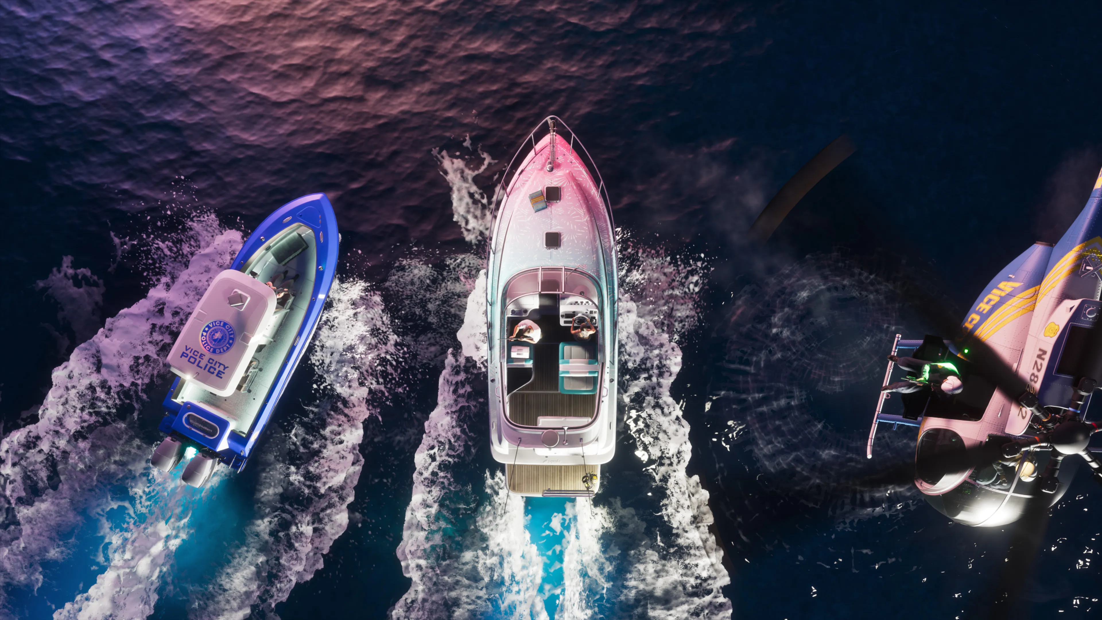 GTA 6 top-down night aerial of the Shitzu Squalo speeding between two boats