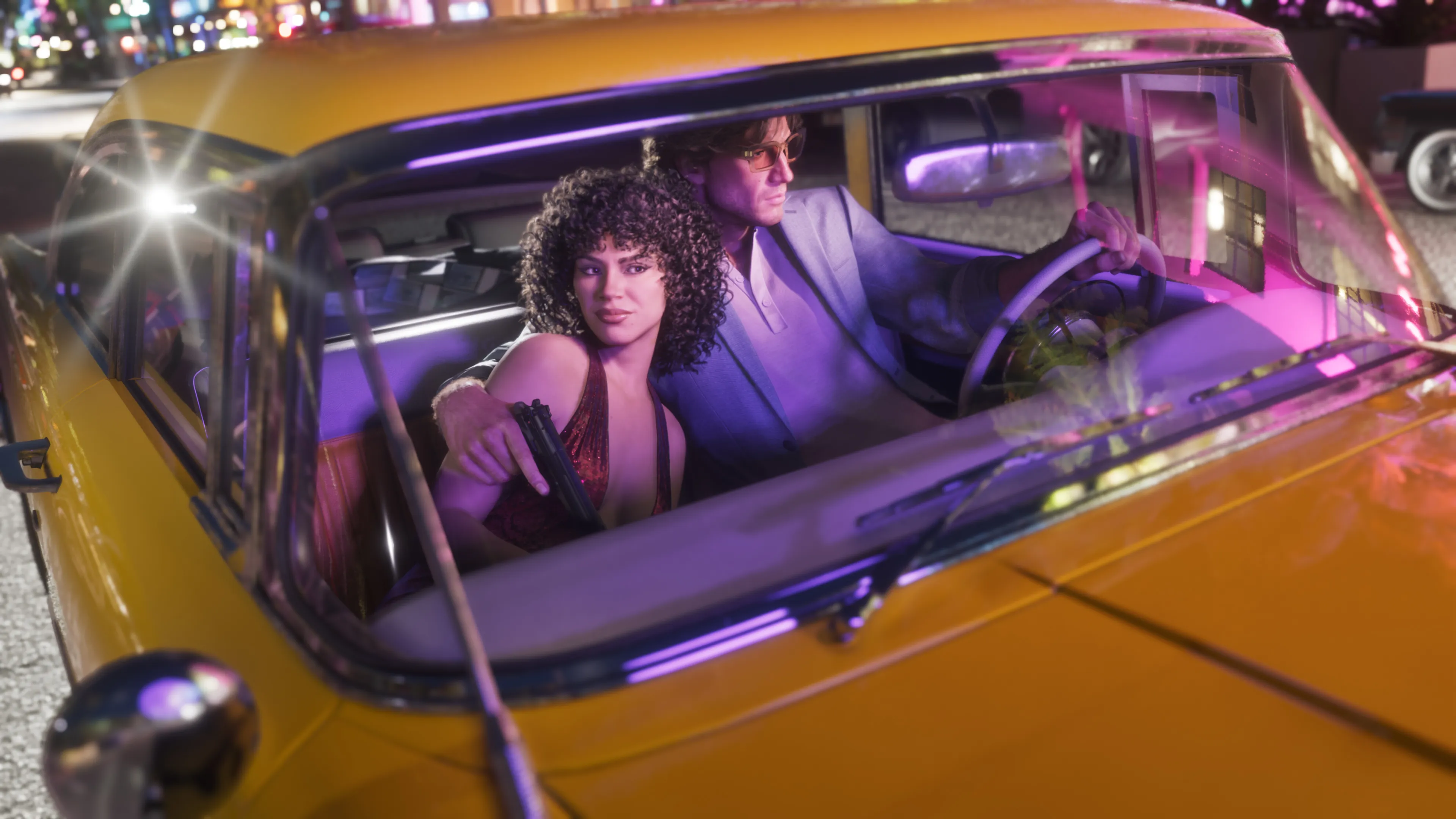 GTA 6 Jason driving the Vapid Stanier at night with Lucia in the passenger seat