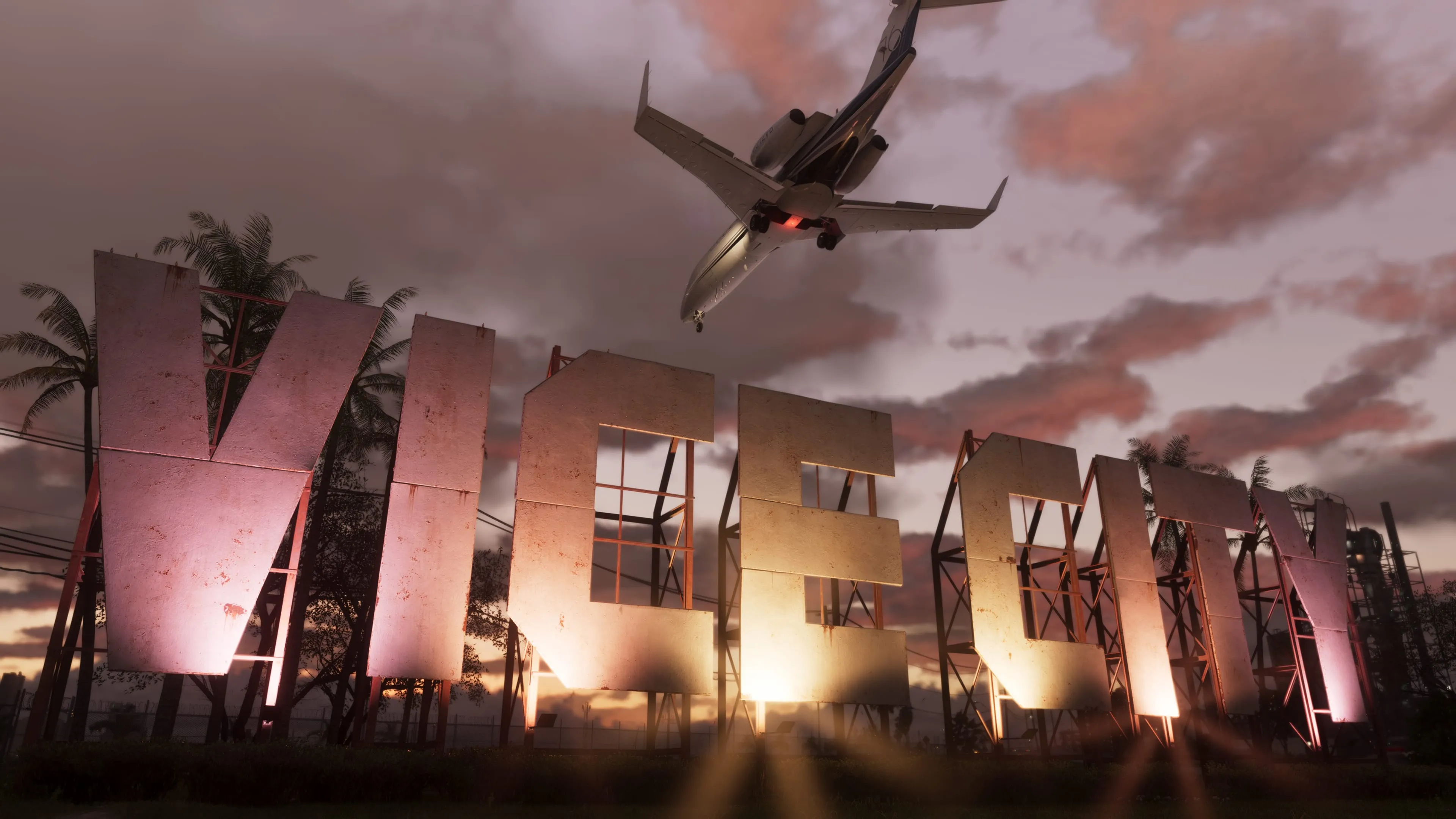 GTA 6 the giant Vice City sign at sunset with a jet flying over
