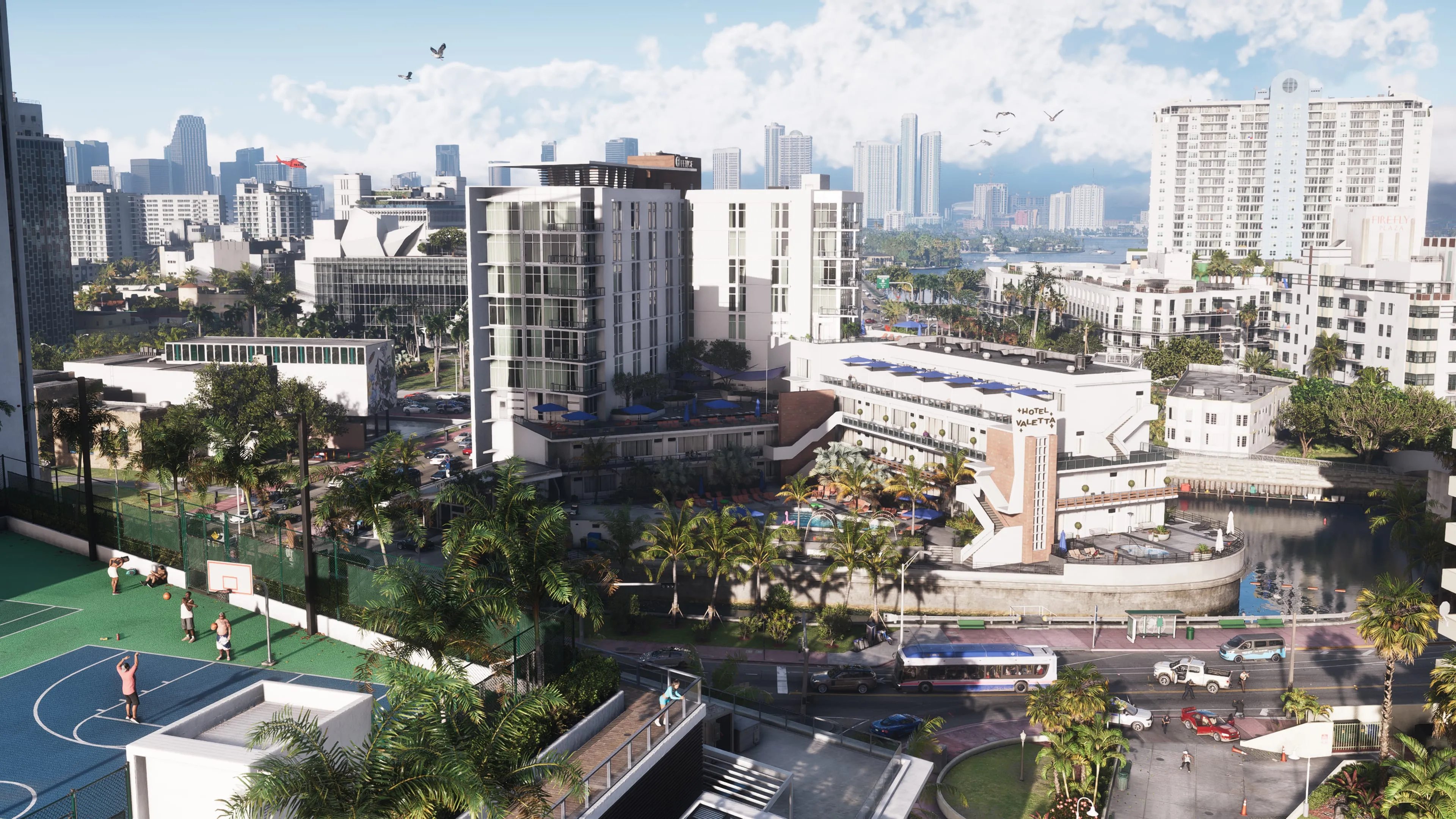 GTA 6 aerial of a Vice City neighbourhood by day
