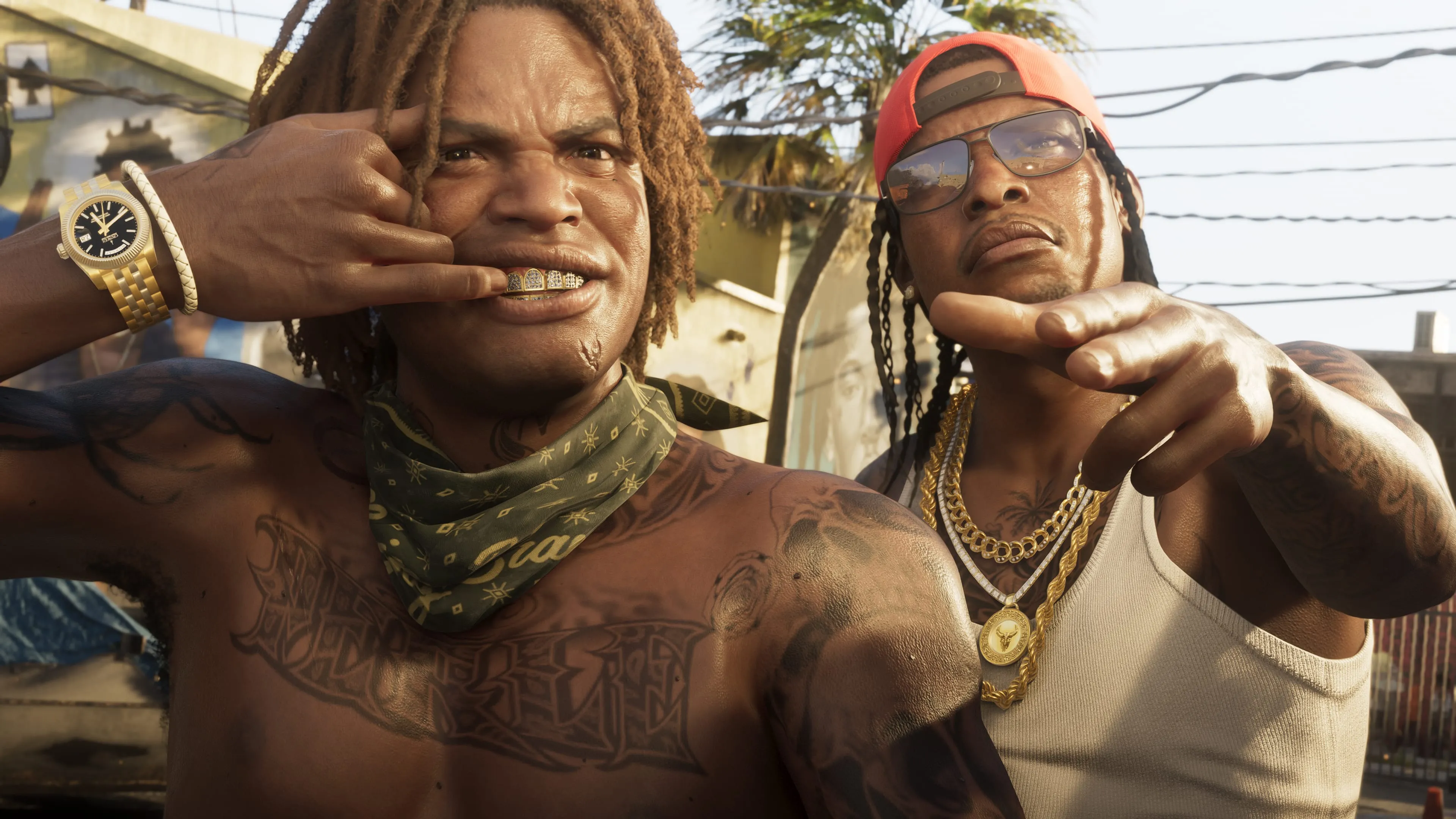 GTA 6 two men posing on a Vice City street