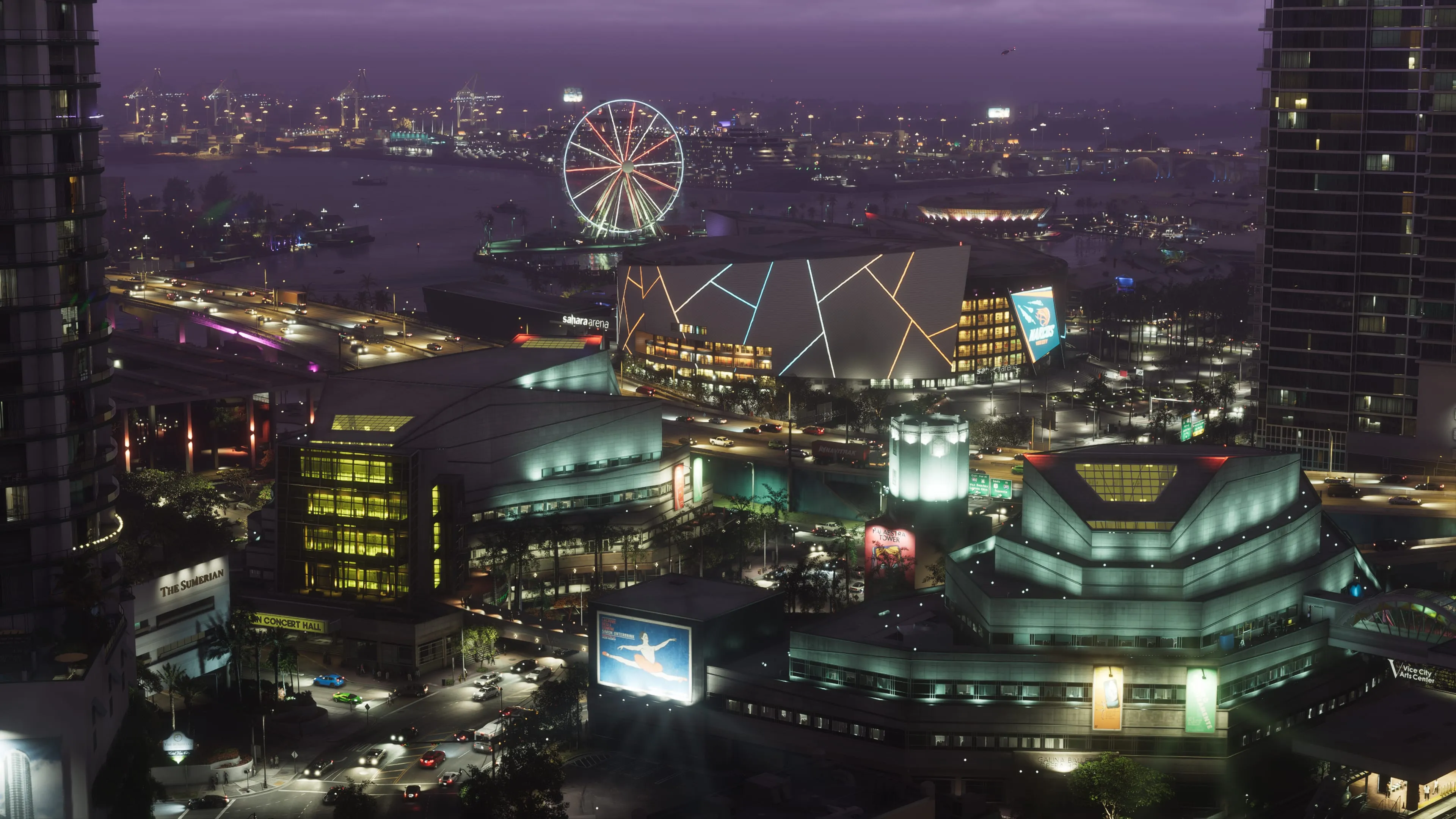 GTA 6 the Vice City skyline at night with an arena and Ferris wheel