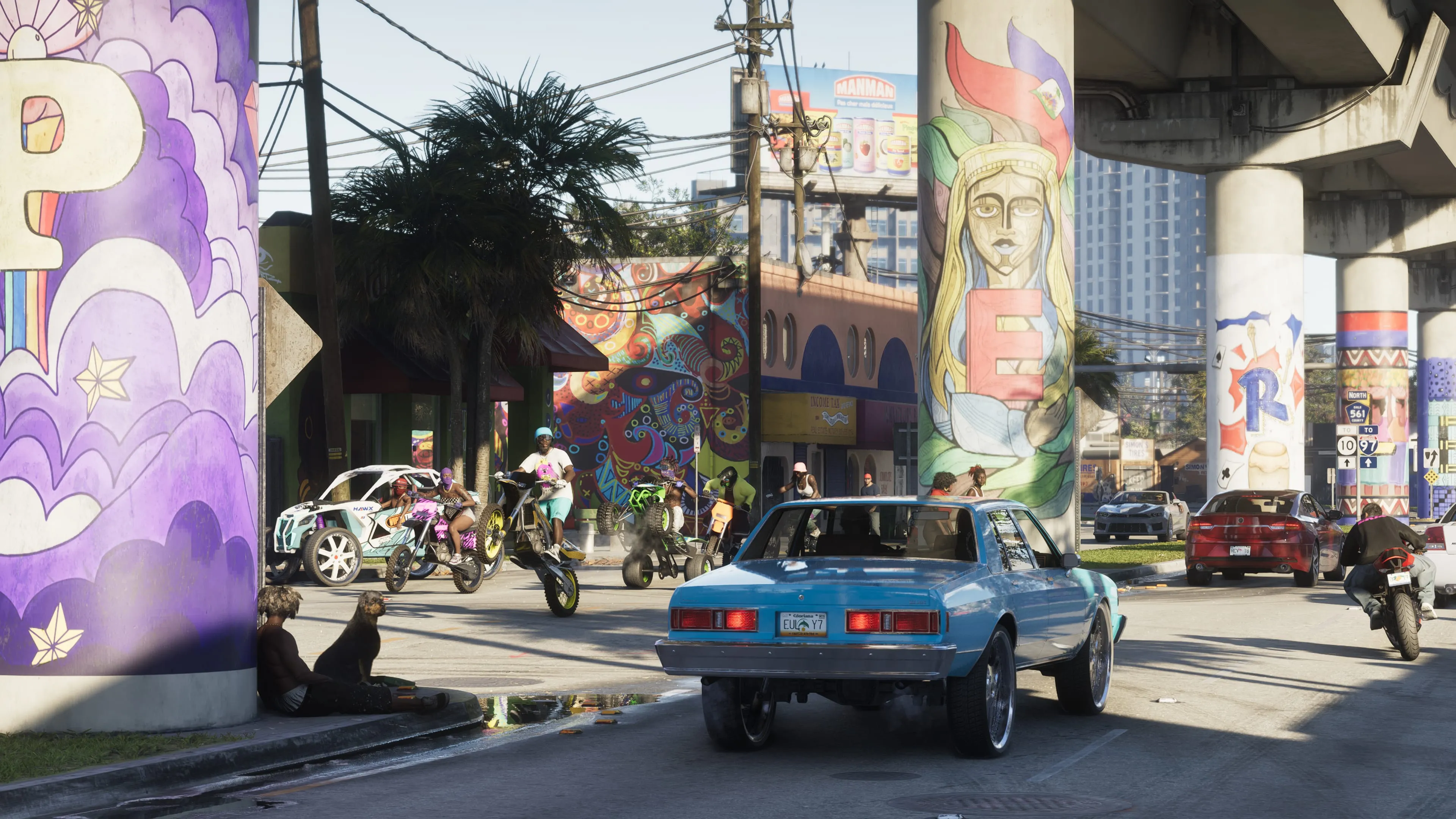 GTA 6 a Vice City street under a mural-painted overpass