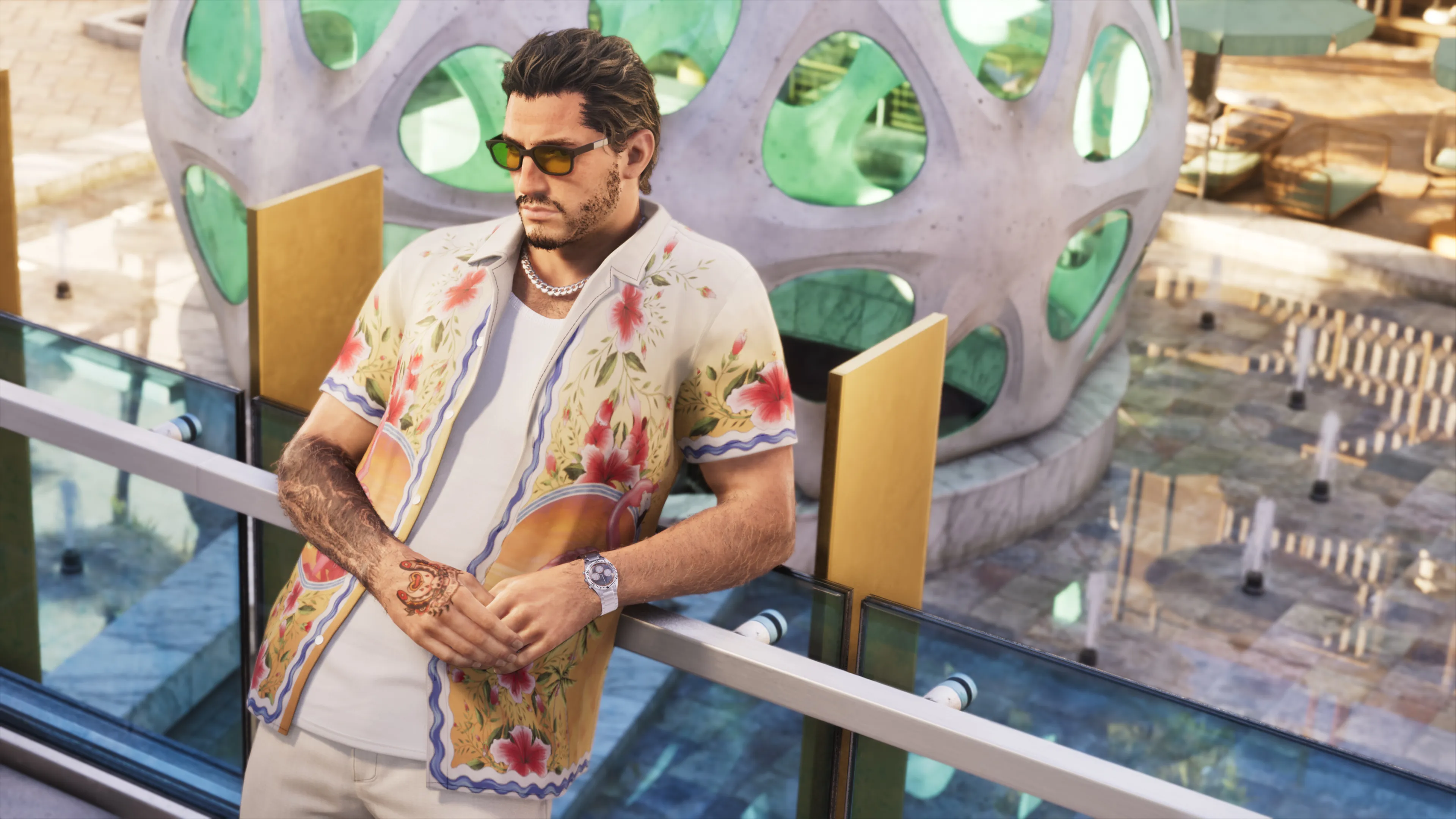GTA 6 Jason in a yellow floral camp shirt and gold shades on a glass balcony