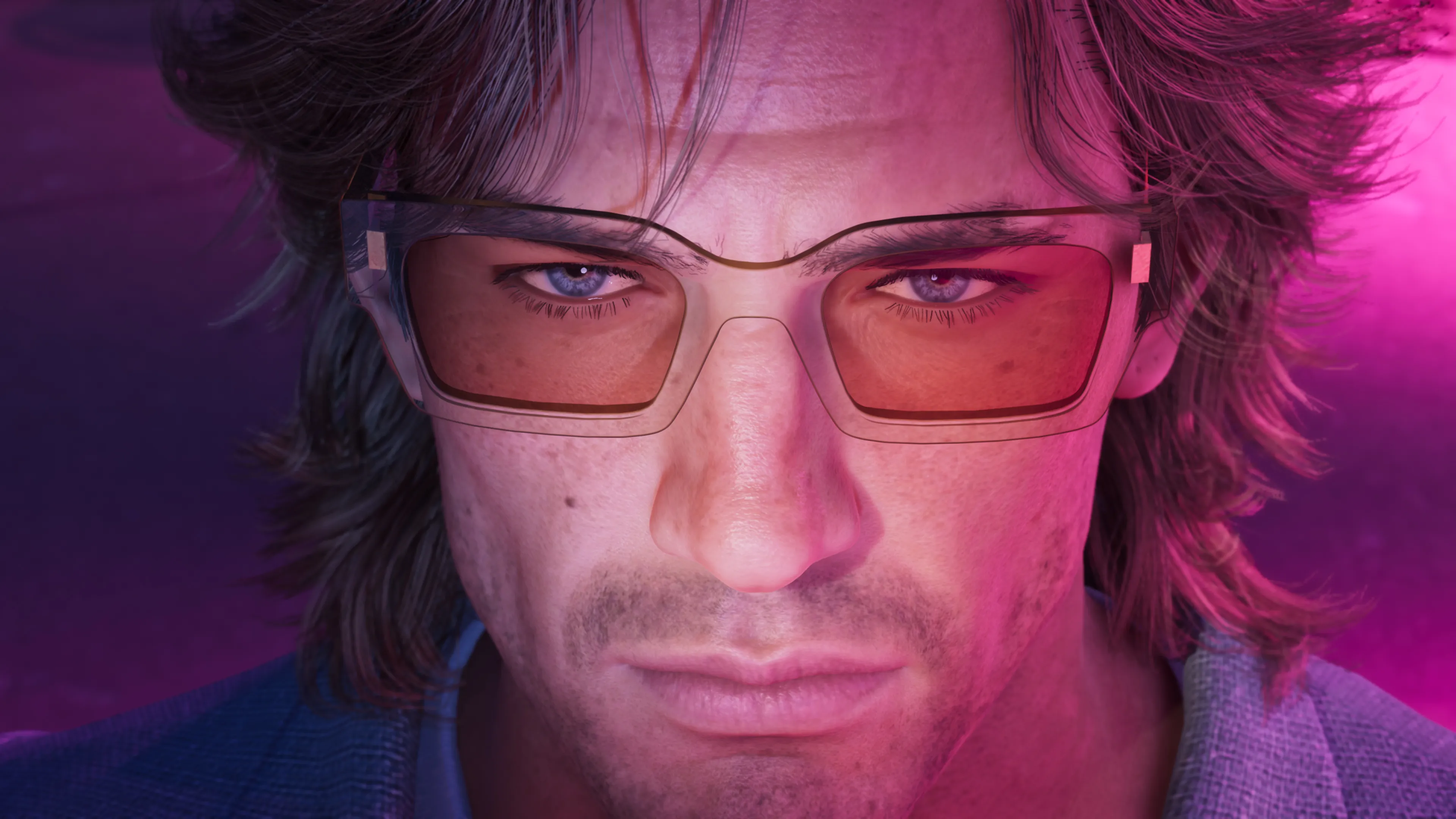 GTA 6 extreme close-up of Jason's face in amber-tinted retro sunglasses