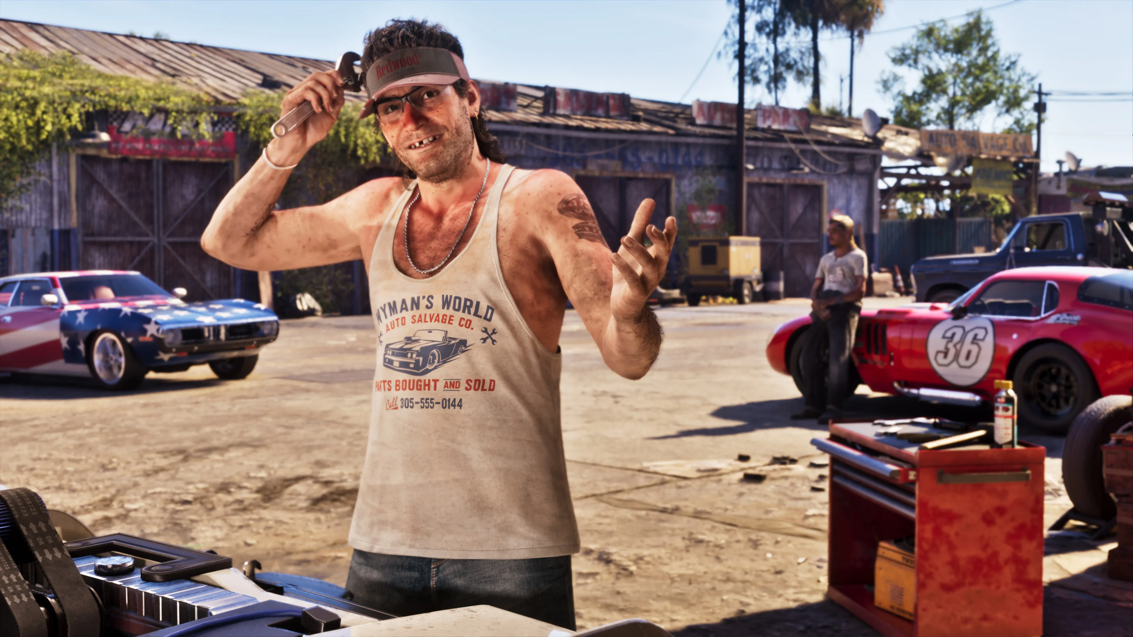 GTA 6 Wyman in a tank top at his Wyman's World auto salvage yard surrounded by classic cars