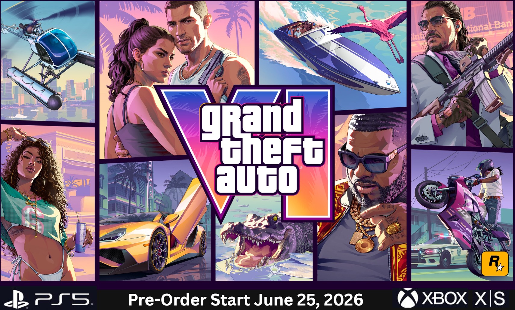Official Grand Theft Auto VI cover art featuring Jason, Lucia and Vice City